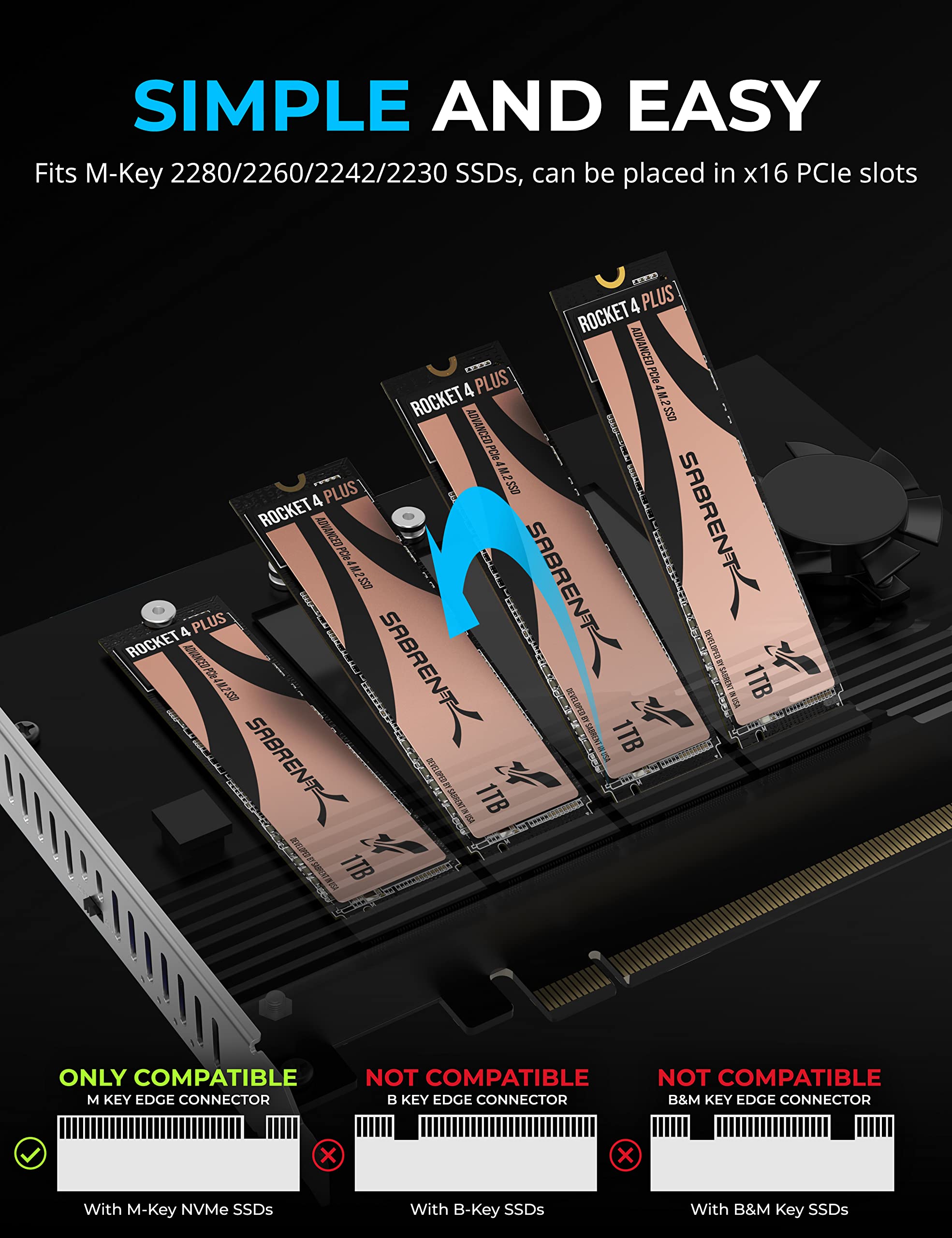 SABRENT 4-Drive NVMe SSD to PCIe 4.0 X16 Adapter Card with Active Cooling - High Speed Storage Expansion for Gaming PC, Workstation & Video Editing [EC-P4BF]