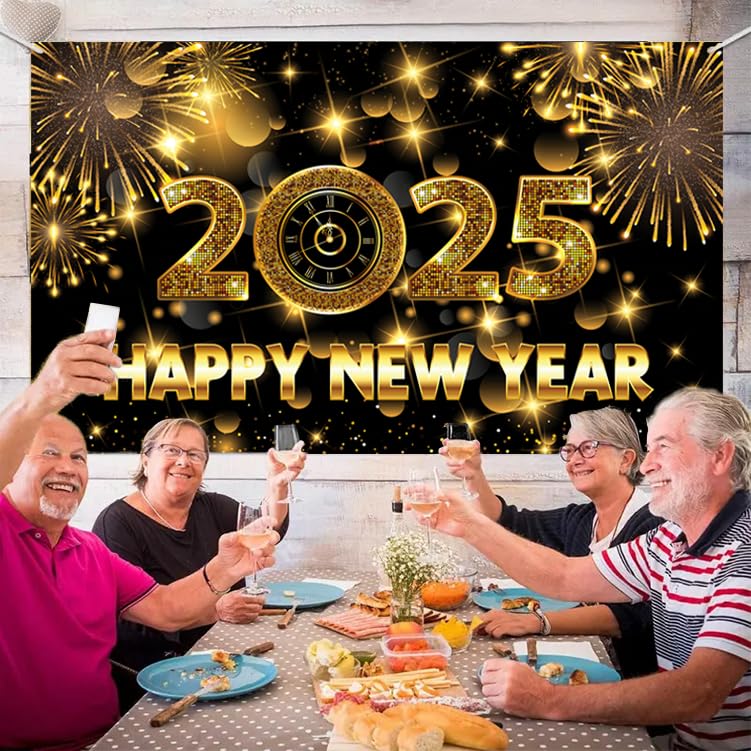 72 x 44 Inch Large Happy New Year Banner 2025 - Black Gold Background New Year Backdrop for Party Decorations, Photo Booths & Wall Decor | 2025 New Years Eve Celebration Supplies