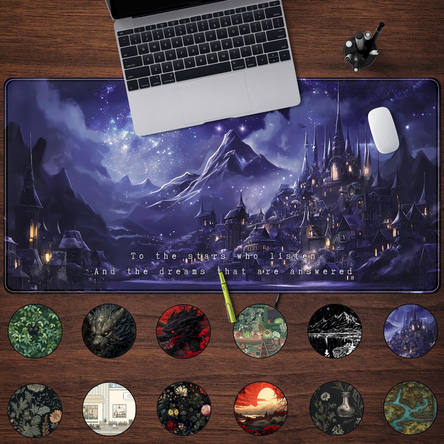 Dark Academia Anime Night Purple Desk Mat - 31.5 x 15.8 Inch XXL Mouse Pad for Computer, Laptop & Gaming - Office Decor with Castle Aesthetics for Women & Men | Perfect for Work, Study & Gaming Setup