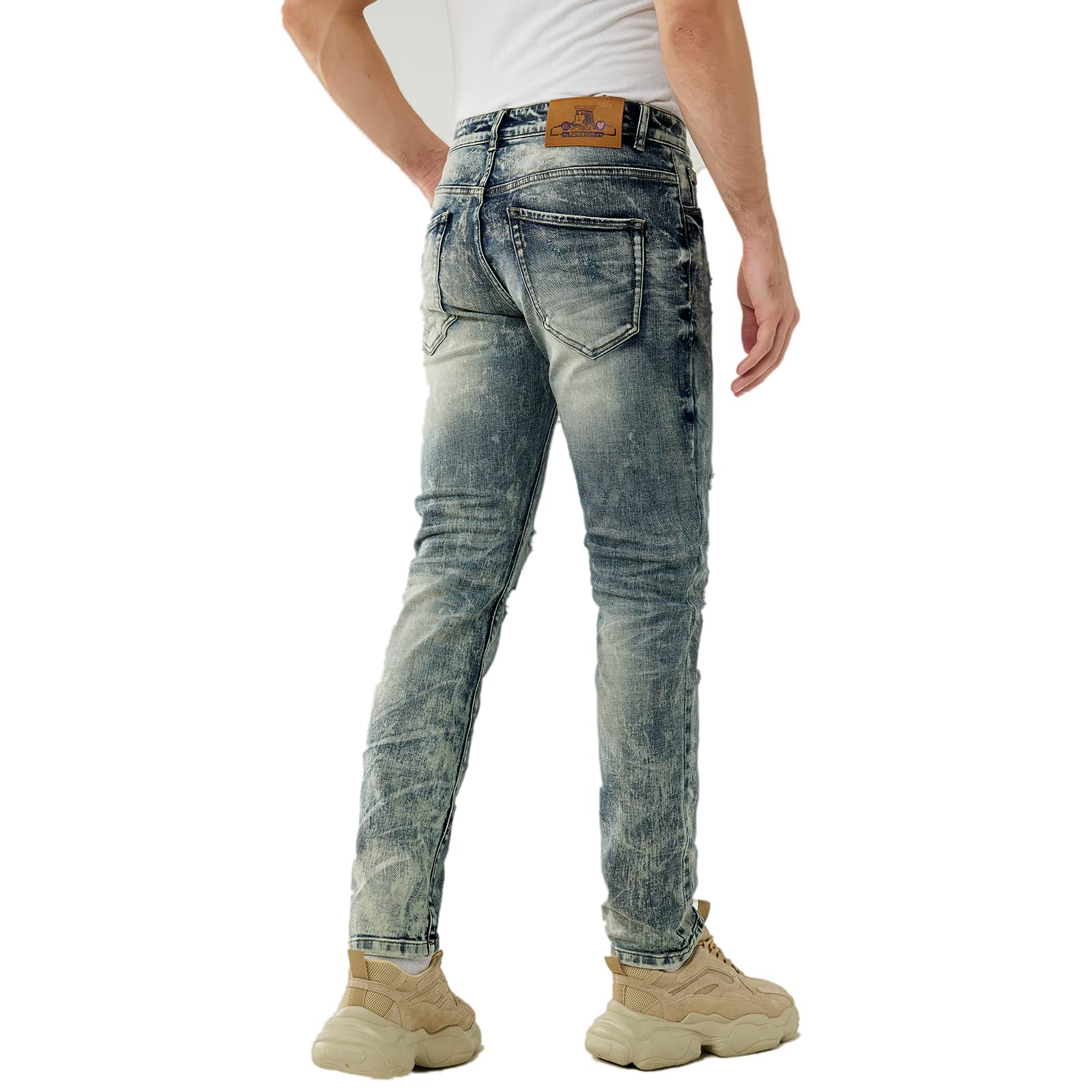 Men's Distressed Slim Fit Stretch Ripped Denim Jeans - Full Length Destroyed Wash for Casual Wear & Street Style
