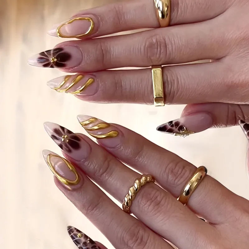 3D Gold Glitter Press on Nails - 24Pcs Almond Shape Fake Nails with Detachable Stiletto Tips | Spice Girls Inspired False Nails for Parties, Weddings & Special Occasions