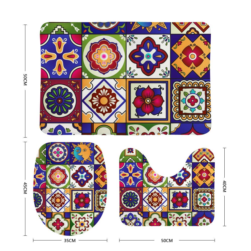 Non-Slip Bathroom Rugs Set of 3 - Absorbent Shower Mats with Mexican Talavera Sun & Moon Pattern - Soft Toilet Floor Carpet & Doormat - Machine Washable for Bathroom, Shower, and Entryway Decor