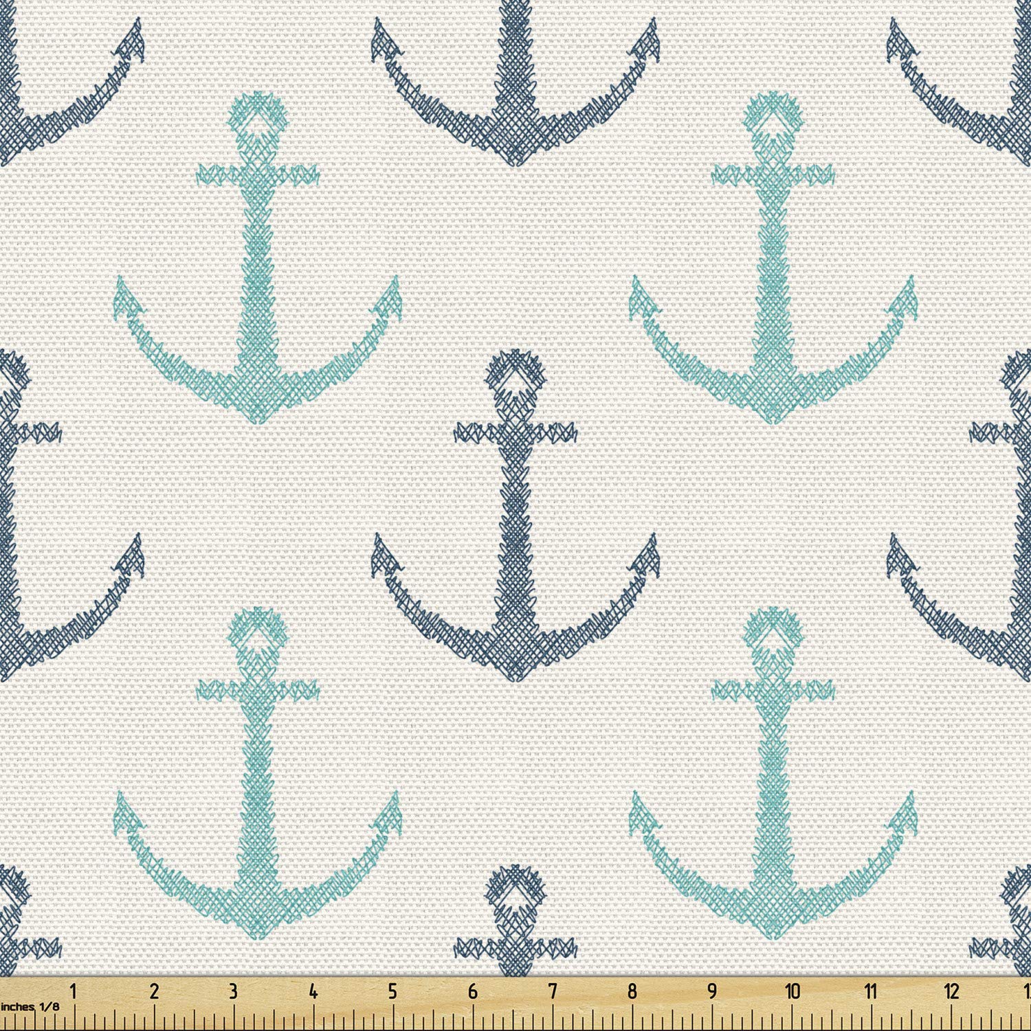 Lunarable Nautical Fabric by The Yard - Hand Drawn Anchor Line Art Minimalist Maritime Design in Pale Blue Seafoam | 5 Yards Upholstery Fabric for Sofa, Curtains & Home Decor | Perfect for Coastal, Beach House & Nautical Theme Interiors