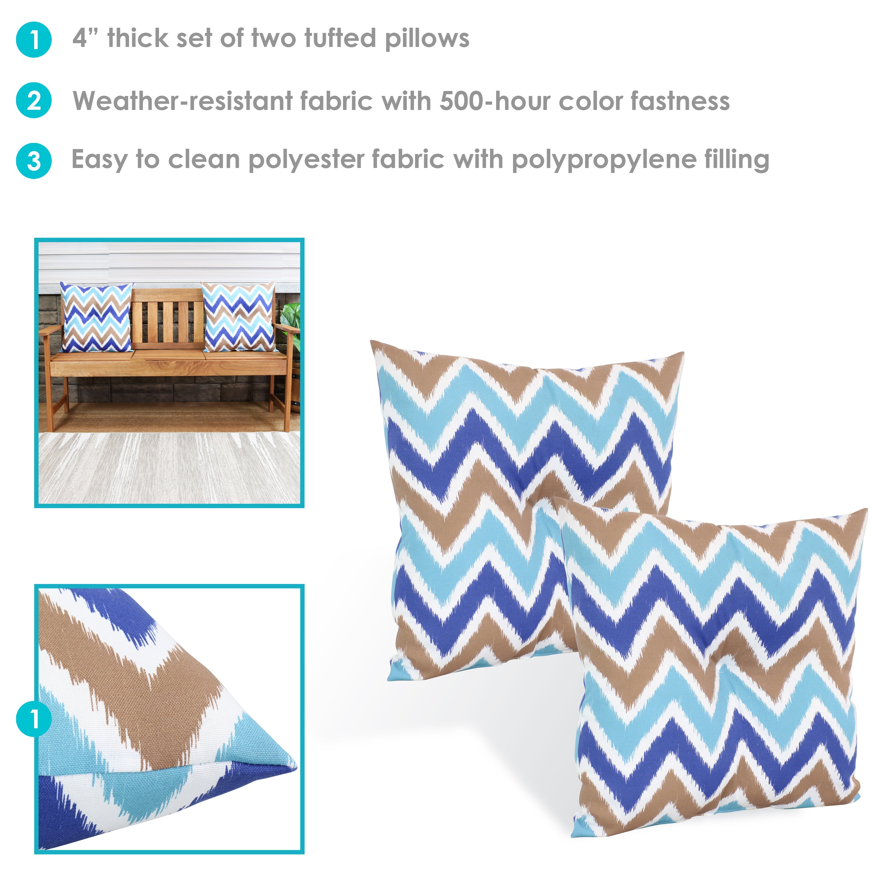 Sunnydaze Tufted Decorative Throw Pillows for Sofa, Couch, Bed - Indoor & Outdoor Use - Waterproof & UV Resistant - Perfect for Patio, Garden, Living Room, and Bedroom Decor