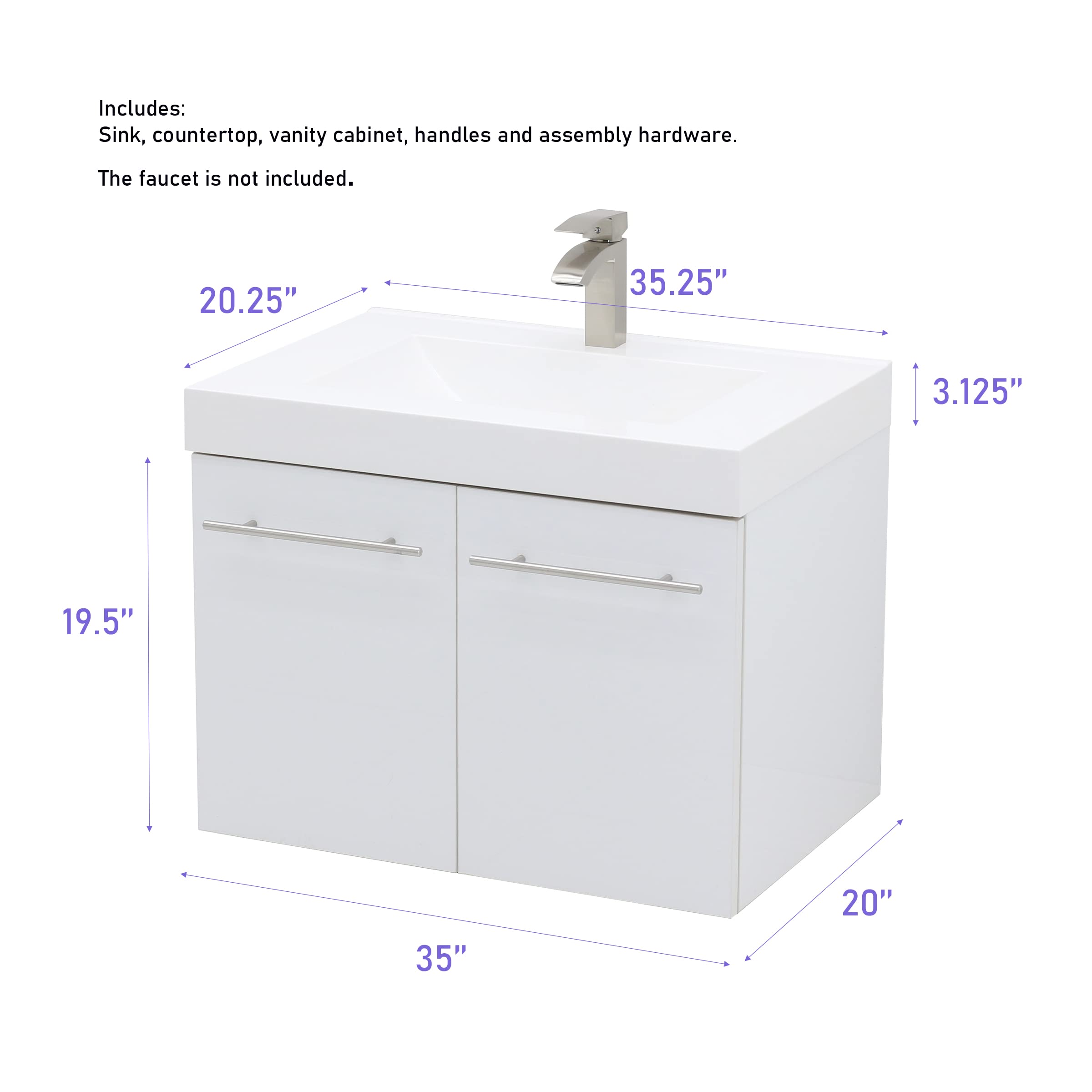 Wall Mount Floating Vanity Sink Set - Dark Grey Bathroom Vanity with White Countertop for Modern Homes