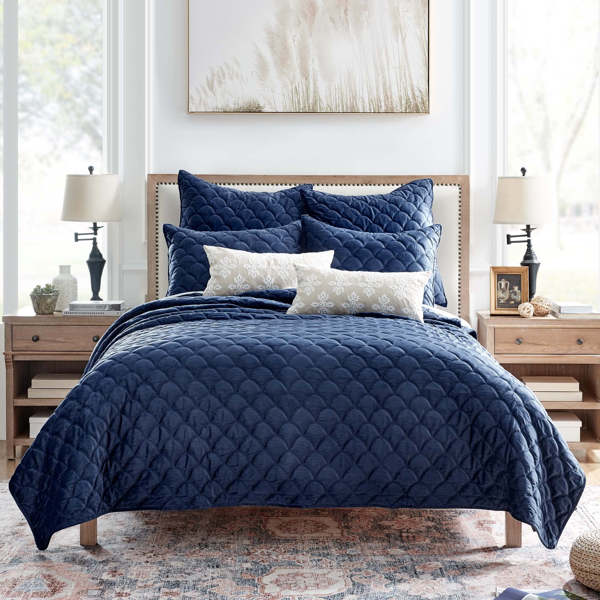 Levtex Home Navy Velvet Quilt Set - Full/Queen Size Reversible Quilt (88x92in) & 2 Standard Shams (20x26in) - Soft Polyester Velvet Bedding - Perfect for Master Bedroom, Guest Room & Cozy Winter Nights