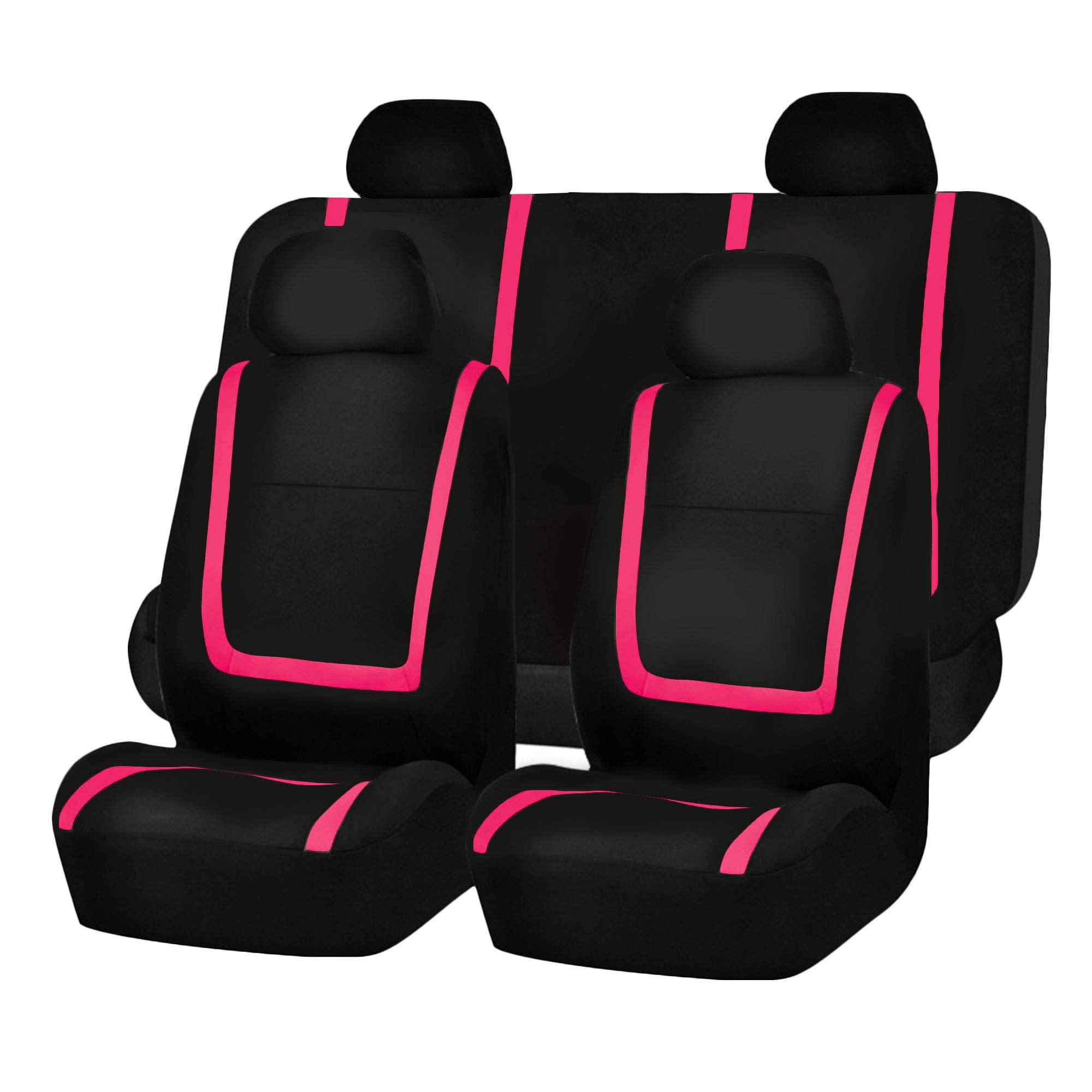 TLH Automotive Universal Pink Flat Cloth Car Seat Covers Full Set with Matching Steering Wheel Cover & Seat Belt Pads - Perfect Fit for Cars, Trucks & SUVs | Comfortable Protection for Daily Commutes, Road Trips and Family Adventures