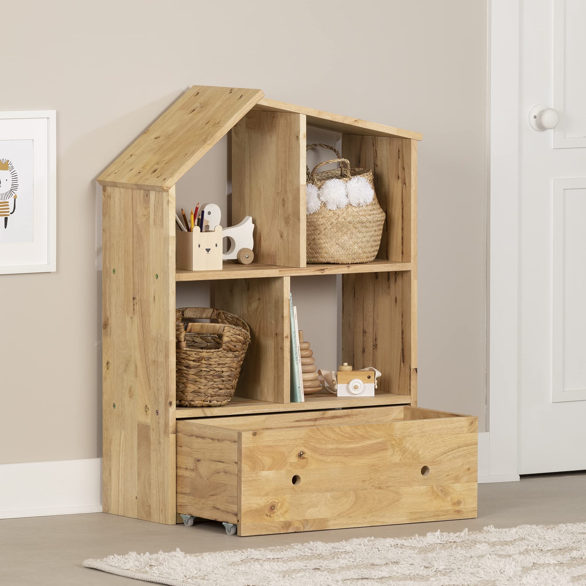 South Shore Sweedi 5-Shelf Bookcase with Storage Bin - Natural Wood Finish for Home, Office & Kids Room Organization