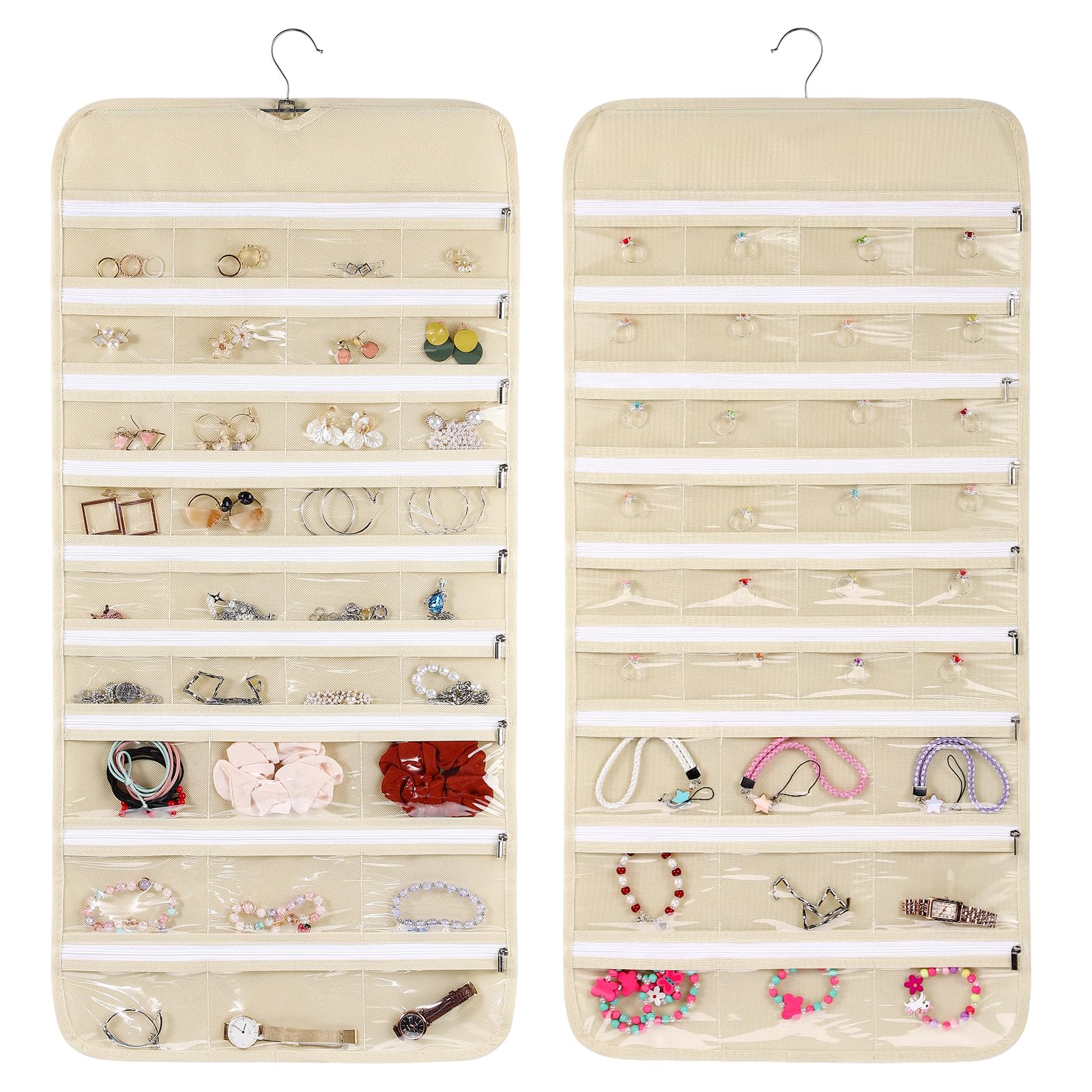 Cabilock Hanging Jewelry Organizer - Double-Sided 66 Pocket Rotating Jewelry Holder for Women & Girls - Perfect for Travel, Home, and Closet Storage - Necklace, Earring, Bracelet Organizer
