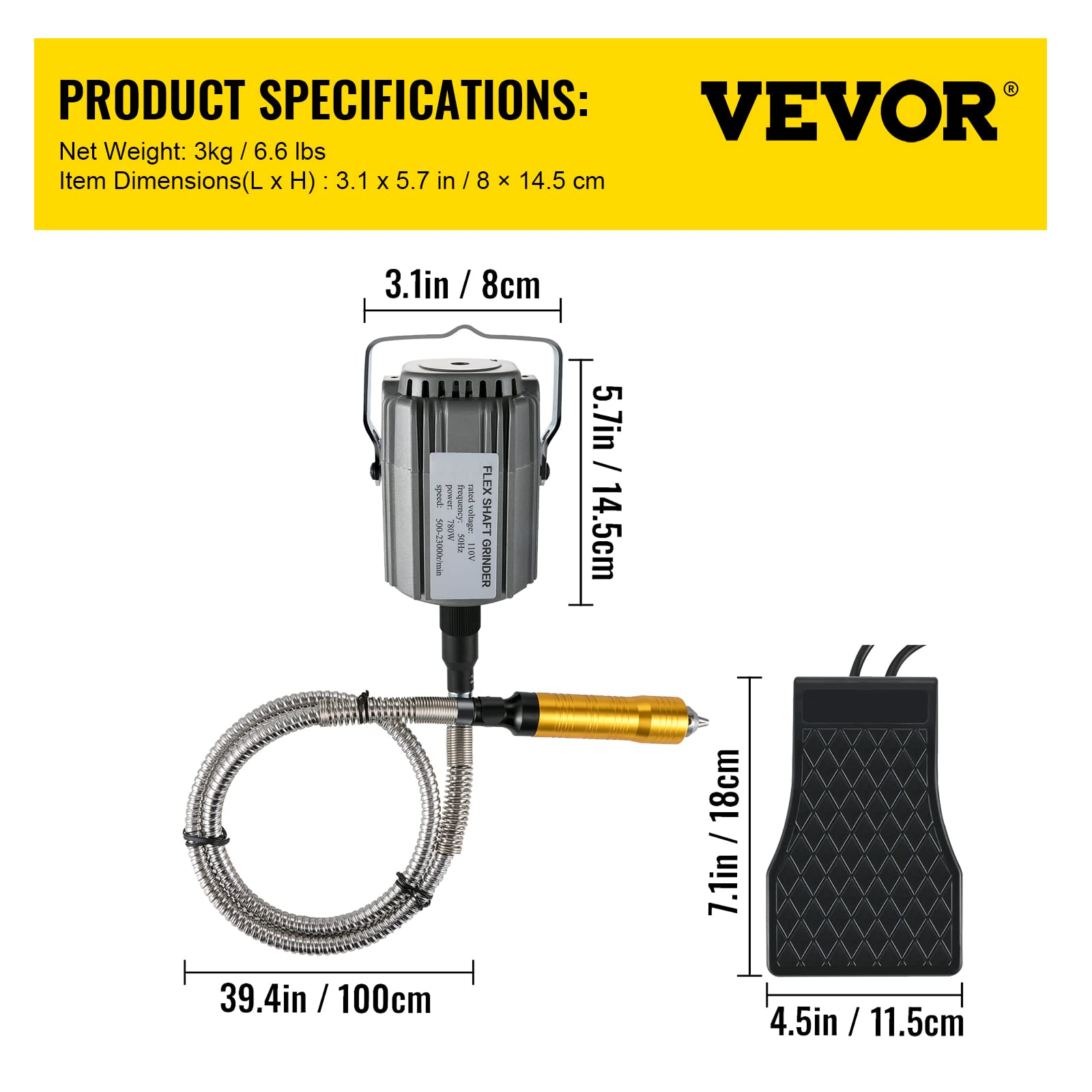 VEVOR 780W Flex Shaft Grinder Rotary Tool with Foot Pedal - 500-23000 RPM Variable Speed, 1/4