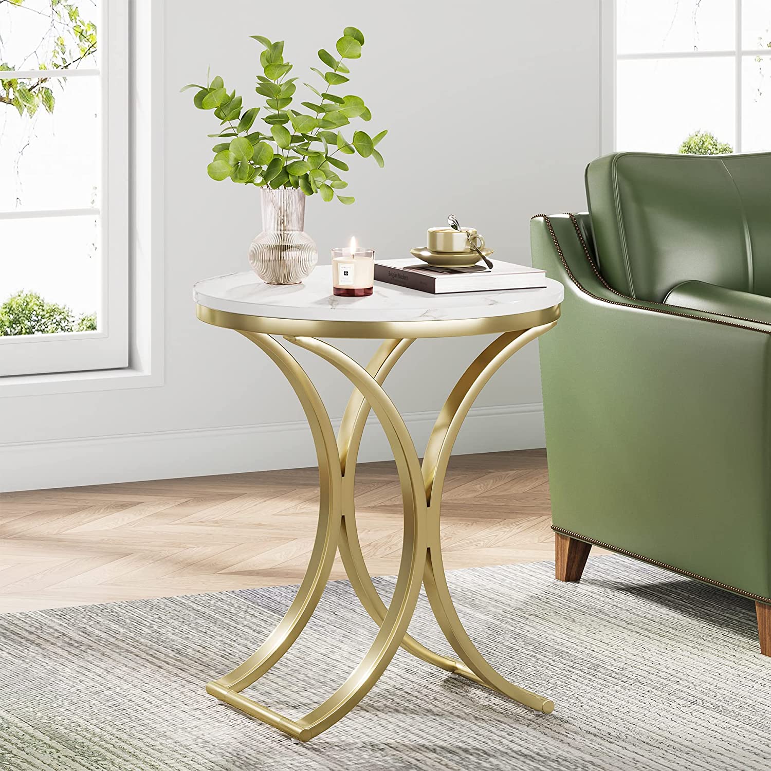 Round End Table with Metal Frame - Small Sofa Side Table & Coffee Table for Living Room, Bedroom, or Office - Modern Accent Furniture for Home Decor