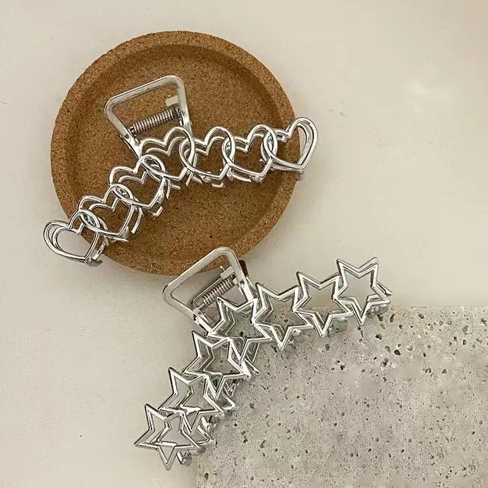 2PCS Y2K Metal Hair Claw Clips - Star & Heart Hair Clips for Women, Non-Slip Design for Thick & Thin Hair, Silver Large Hair Accessories for Women & Girls | Perfect for Parties, Weddings & Everyday Styling