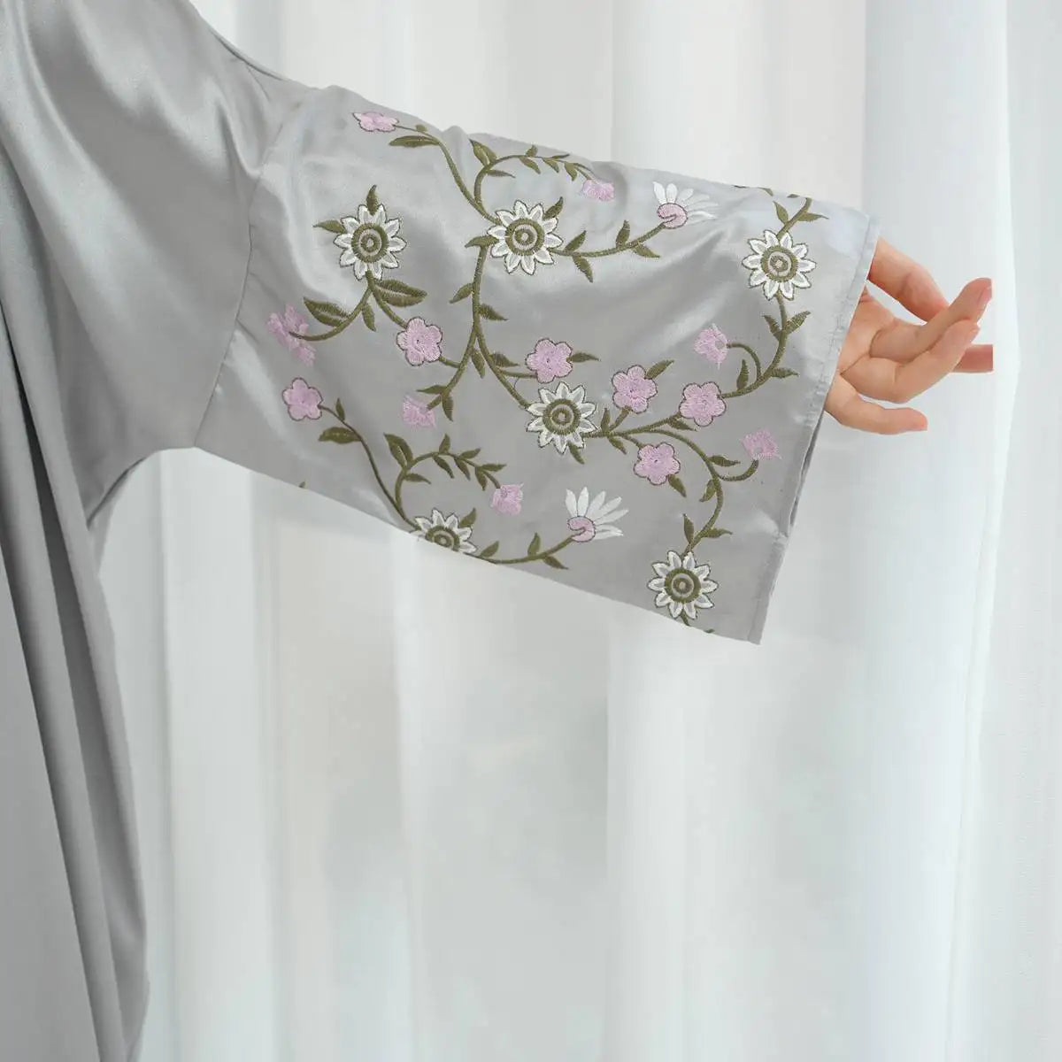 Elegant Floral Embroidery Satin Cardigan Abaya Dress - Lightweight Open Front Kimono Cover Up for Women - Perfect for Prayer, Mosque, Wedding & Special Occasions