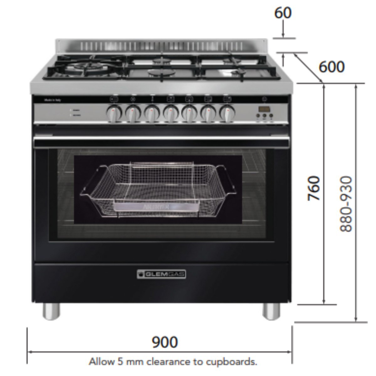 **Glem Gas 90cm Premium Freestanding Dual Fuel Cooker - Matte Black GS965GEMB | Made in Italy | 2-Year Warranty | Ideal for Modern Kitchens & Professional Cooking**