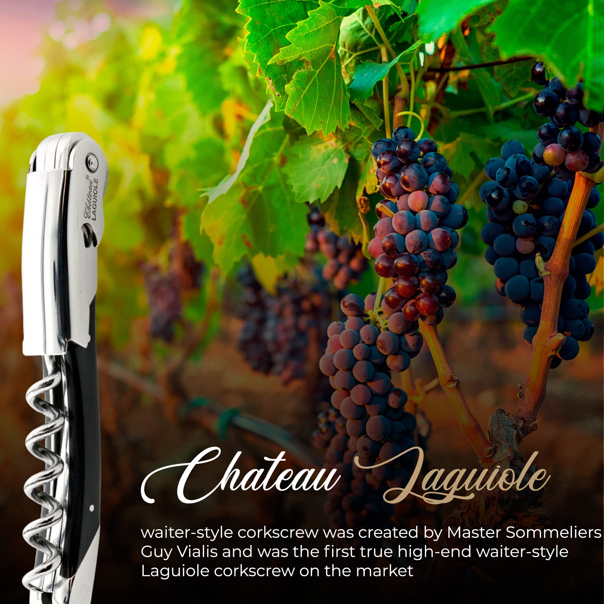 Premium Chateau Laguiole Corkscrew - French Wine Bottle Opener with Black Horn Handle, Leather Sheath & Gift Box - Perfect for Wine Lovers, Sommeliers & Elegant Dinner Parties