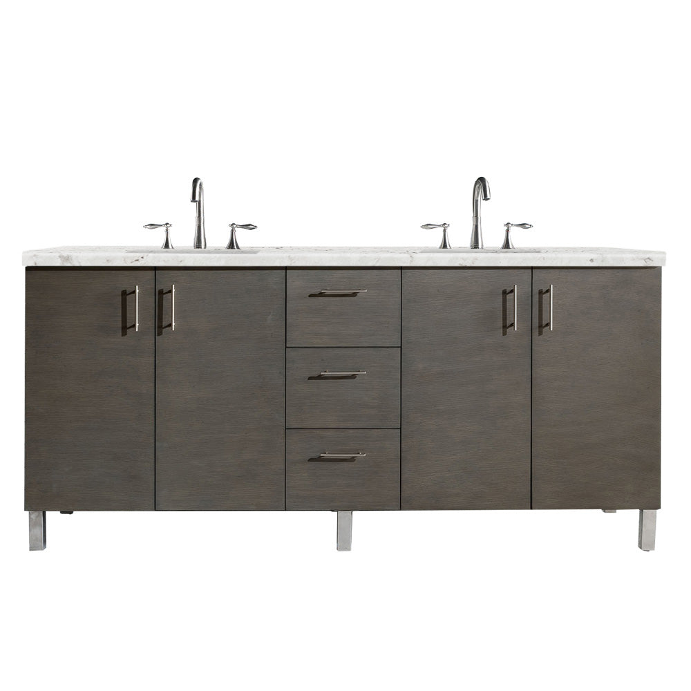 Metropolitan 72 Inch Double Bathroom Vanity with 3CM Eternal Jasmine Pearl Quartz Countertop in Silver Oak - Perfect for Master Bathroom Renovation and Modern Home Decor