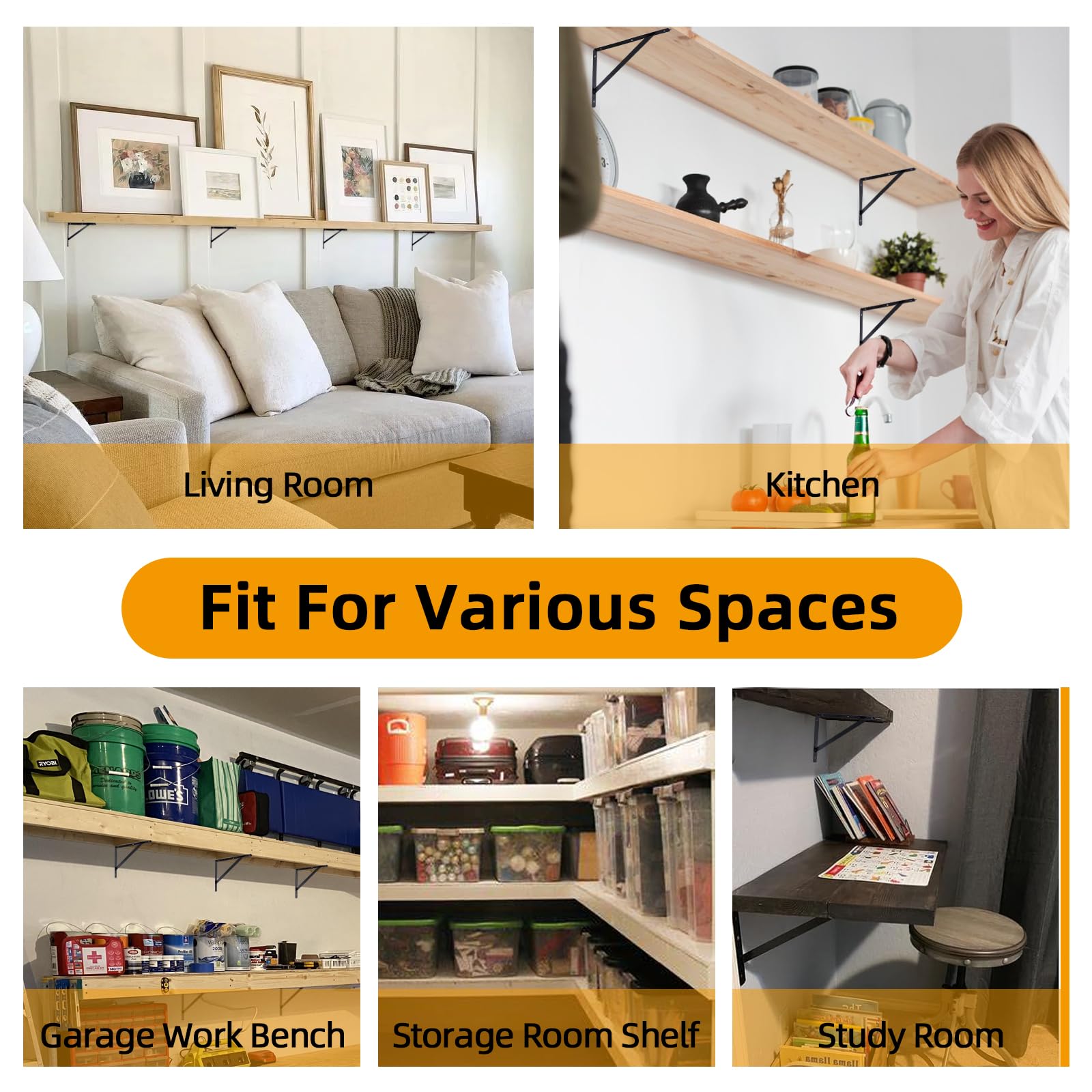 Heavy Duty Shelf Brackets 12 x 8 Inch (300x190mm) - 6 Pack Black Metal L Brackets with 90 Degree Angle for Wall Shelves - Perfect for Garage Storage, Bookshelves, and Kitchen Organization