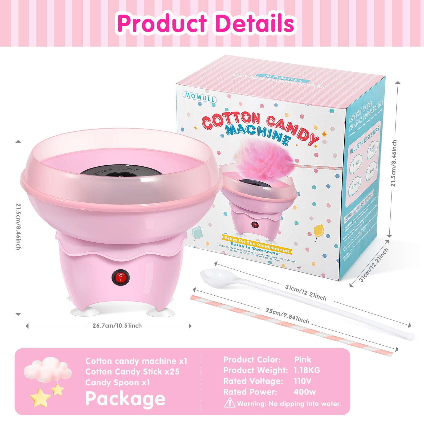 Pink Vintage Mini Cotton Candy Machine for Kids - Fun Home Candy Maker with 25 Sticks & Sugar Scoop - Perfect for Birthday Parties, Christmas Gifts & Family Gatherings