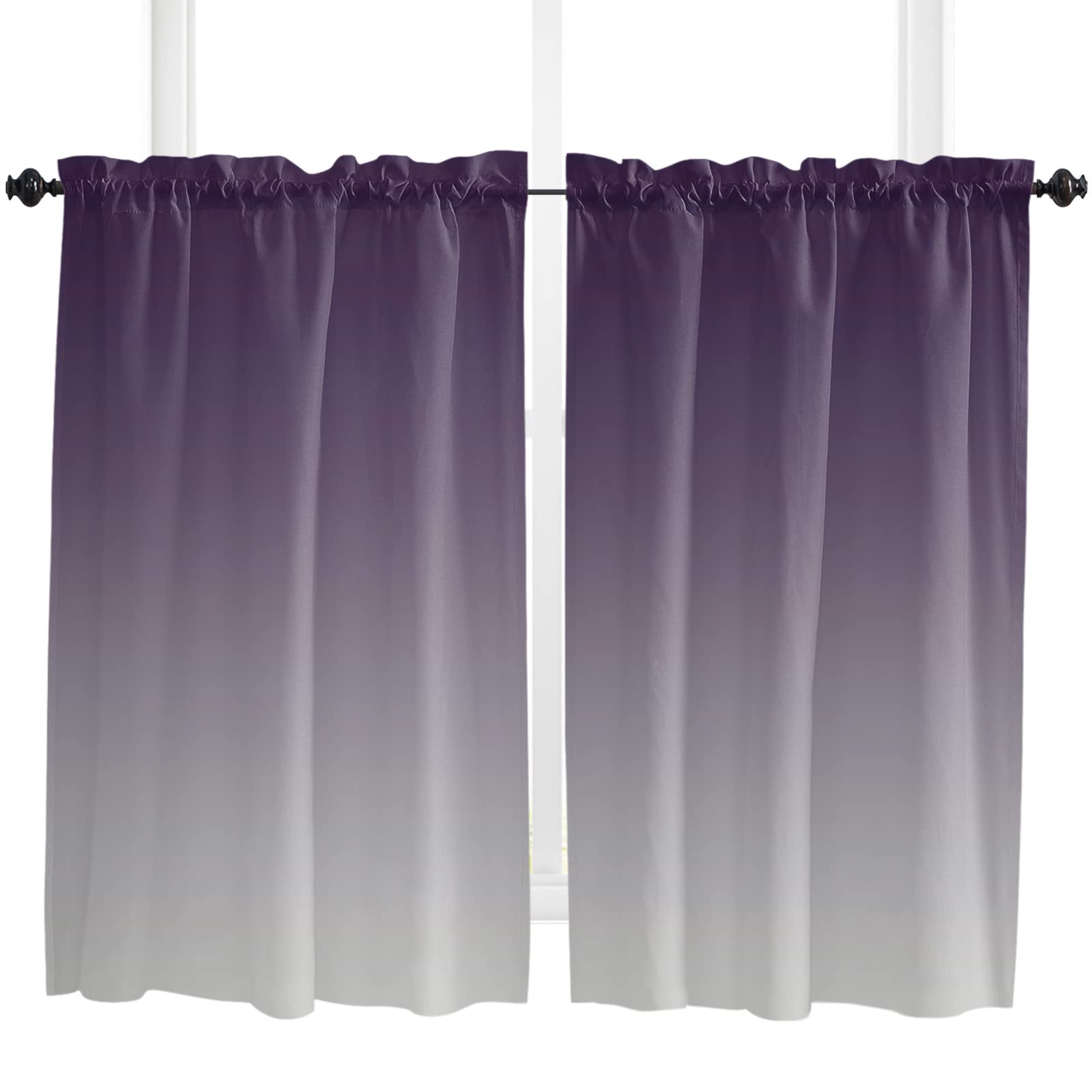 ALAGEO Purple and Grey Ombre Tier Curtains for Kitchen Windows - Gradient Gradual Color, Rod Pocket Design, 2 Panels Set (52x45 inches) - Perfect for Small Windows, Cafe Style Decor, and Cozy Home Ambiance