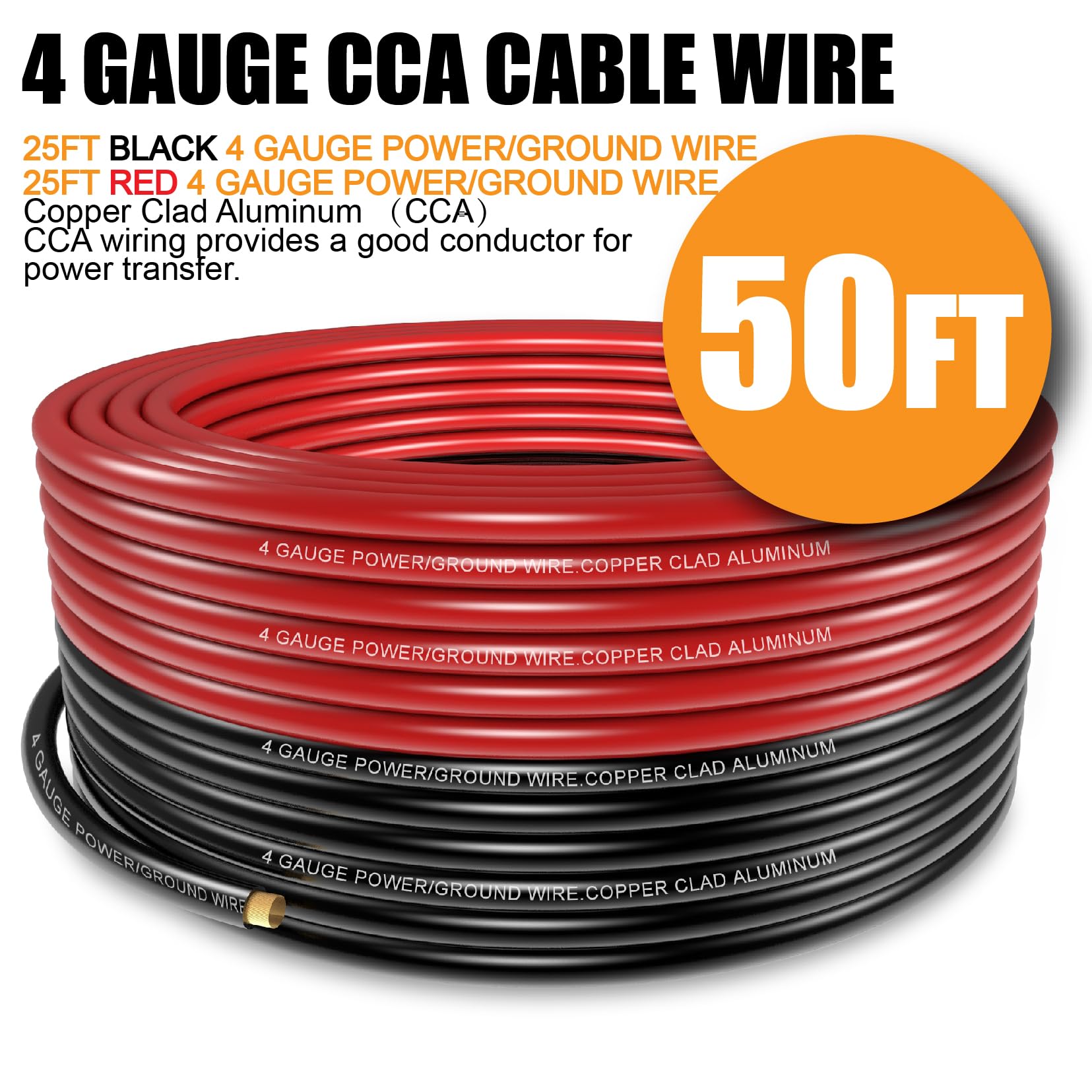 4 Gauge AWG CCA Primary Automotive Wire (25 Feet Black + 25 Feet Red) with 20PCS Lugs Terminal Connectors & Heat Shrink Tubing - Power & Ground Cable for Car Amplifier, Stereo System, RV, Boat & Off-Road Vehicle Electrical Wiring