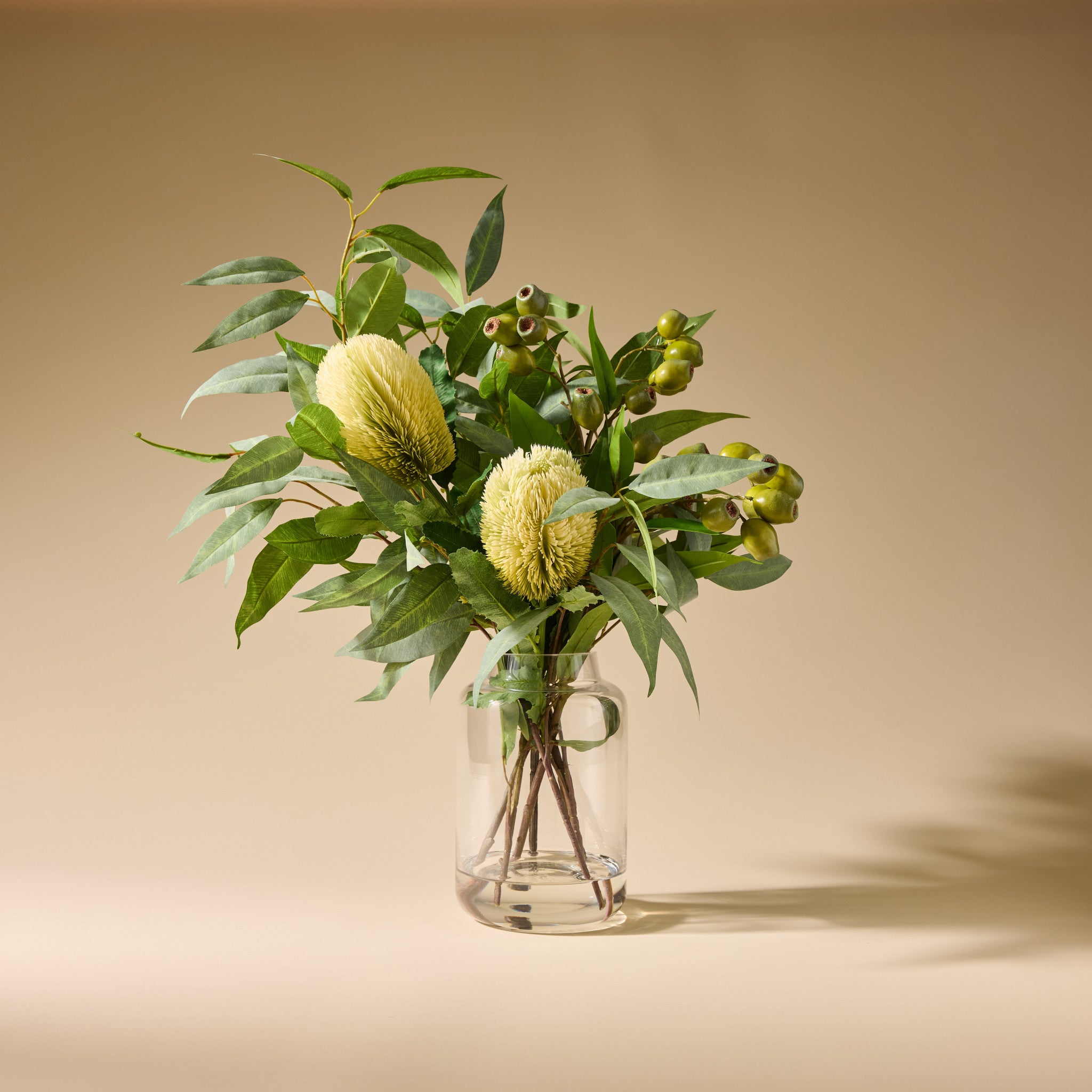 Faux Native Banksia Gum Nut Floral Arrangement in Pauline Vase - Elegant Home Decor for Living Room, Dining Table & Wedding Centerpieces