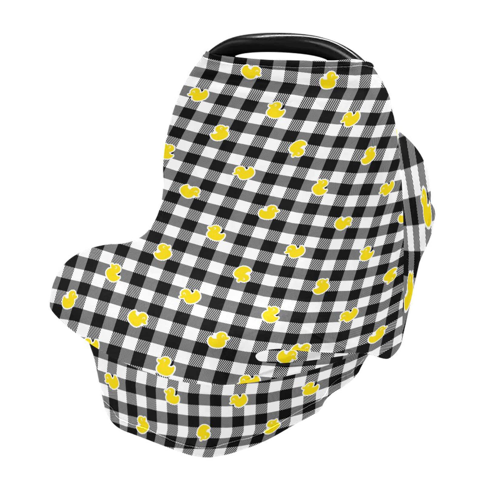 Yellow Duck Baby Car Seat Cover - Soft Black & White Buffalo Plaid Nursing Canopy for Infant Stroller | Breathable & Cozy for Girls & Boys | Perfect for Breastfeeding, Summer, Spring & Fall Outings