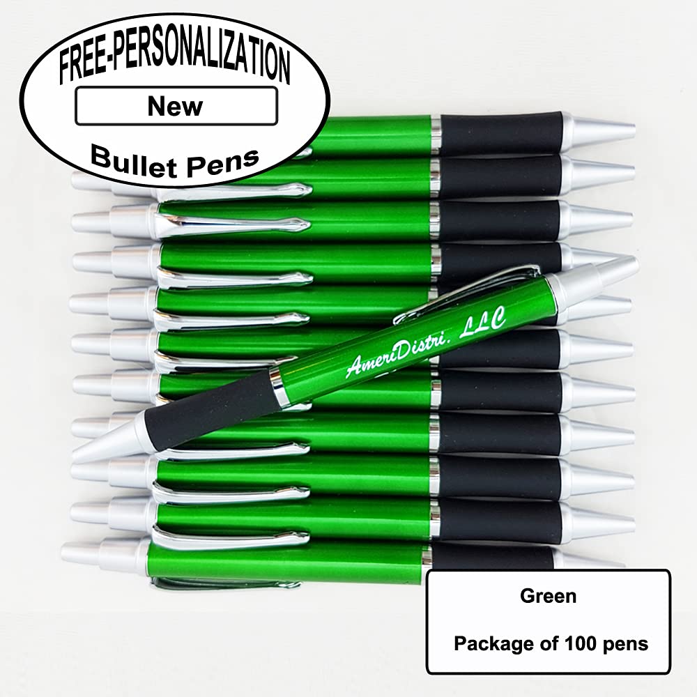 Premium Bullet Ballpoint Pens with Free Personalization - Elegant Silver Accents, Solid Green Body & Black Grip - 100 Pack for Office, School & Corporate Gifts