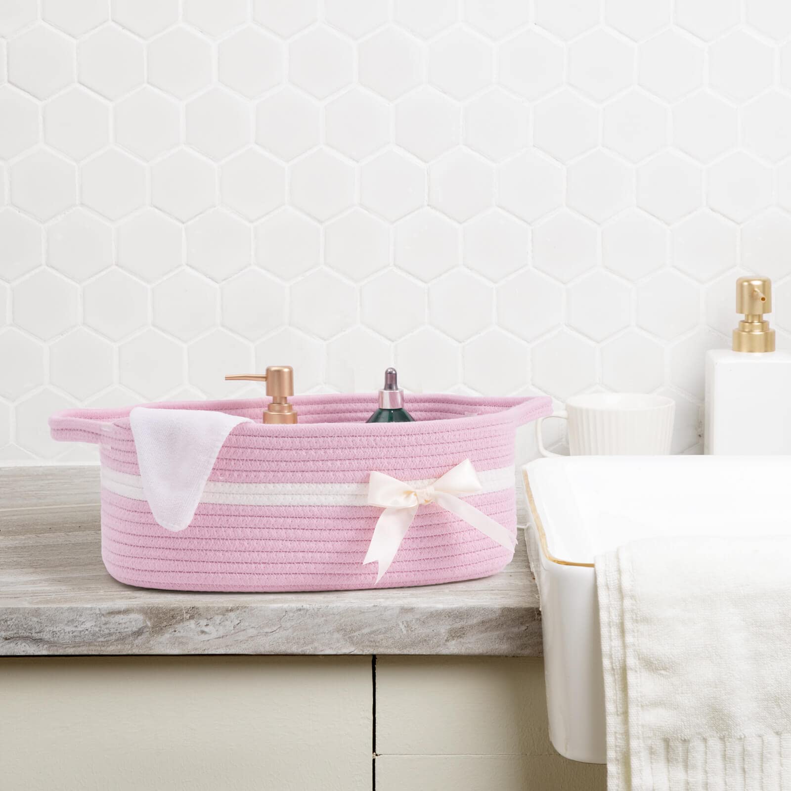 Pink Baby Gift Basket - Woven Nursery Storage for Toys & Towels (13x9.8x5