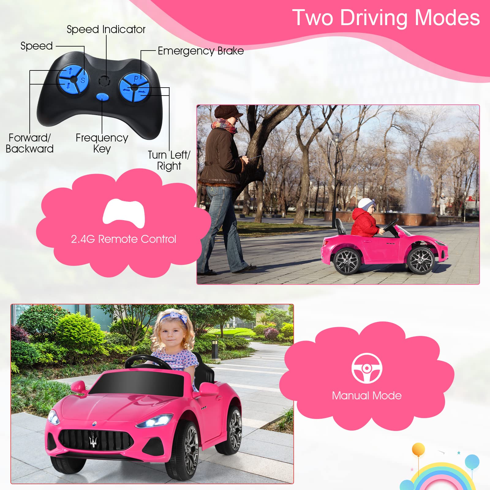 HONEY JOY 12V Kids Ride On Car - Licensed Maserati GranCabrio Pink Electric Toy Car with Remote Control, Spring Suspension, LED Lights & Double Doors - 4 Wheel Battery Powered Vehicle for Boys & Girls - Perfect for Birthday Gifts, Outdoor Play & Indoor Fun (Pink)