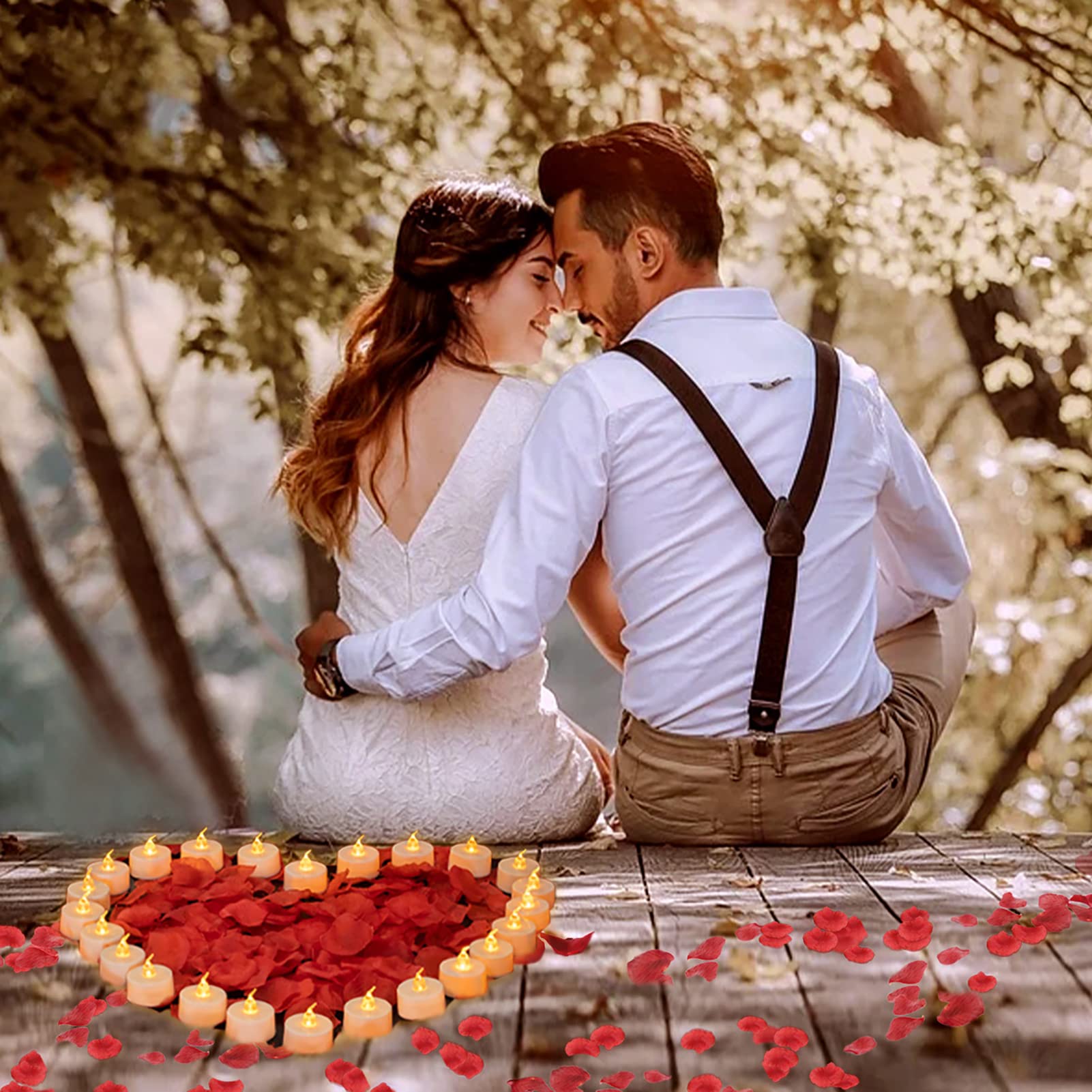 500PCS Red Artificial Rose Petals with 24PCS Flameless LED Tea Lights - Romantic Wedding Decor, Anniversary Party, Valentine's Day Centerpiece Decoration - Amber Yellow Flickering Candles for Table Scatter & Home Decor