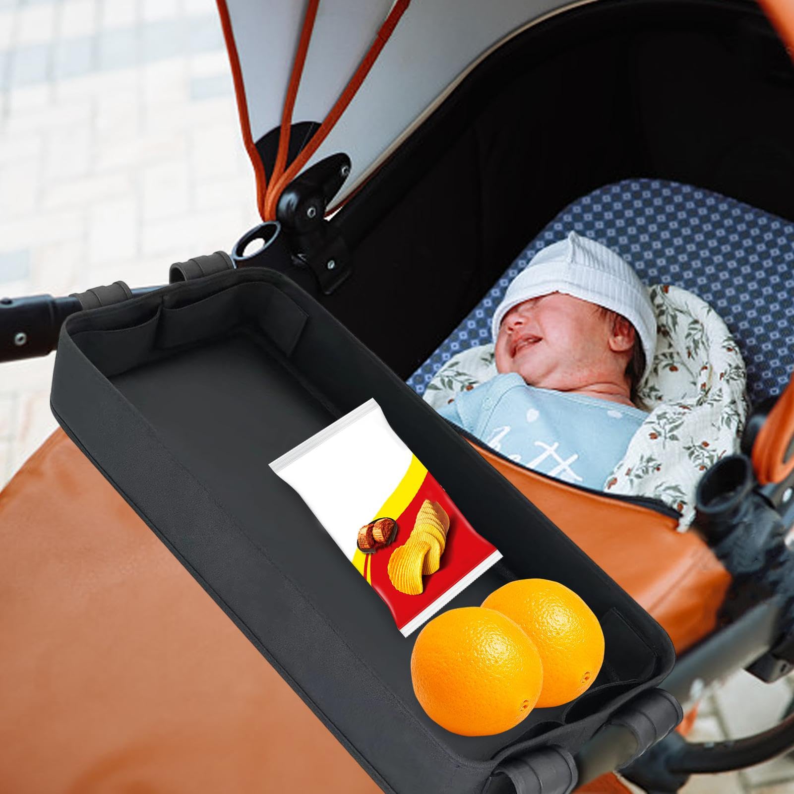 Stroller Snack Tray with Cup Holder - Waterproof Faux Leather Organizer for Baby Stroller Accessories | Perfect for Snacks, Drinks & Toys While Shopping or Walking