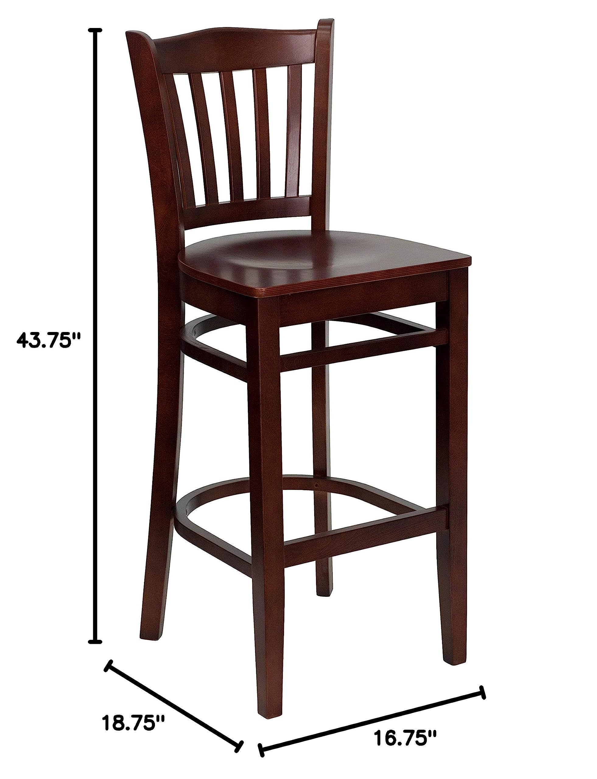 2 Pack Mahogany Wood Bar Stools with Slat Back & Footrest - Durable Restaurant & Kitchen Counter Stools for Home, Bar, Cafe, and Dining Room Use