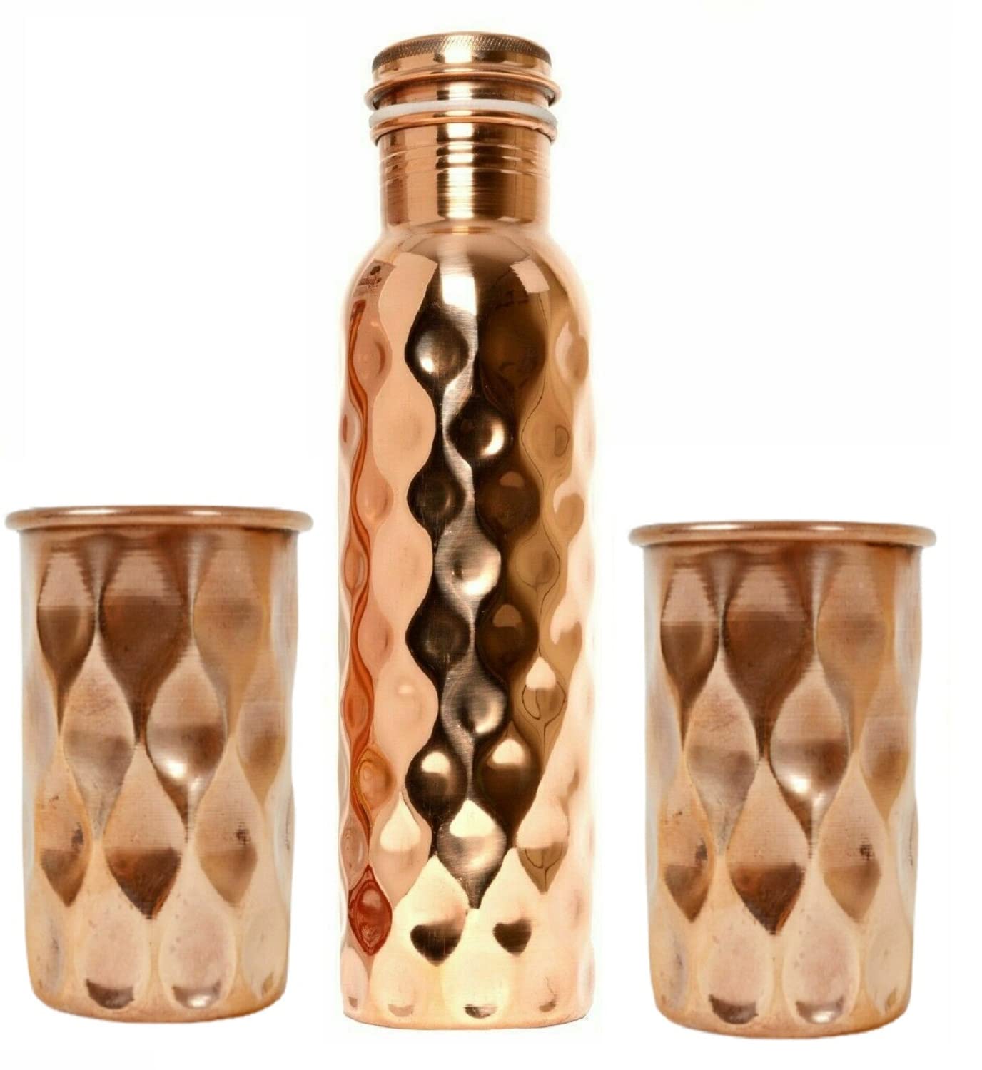 900ml Diamond Design Pure Copper Water Bottle with 2 Diamond Glass Cups - Insulated Thermos for Hot & Cold Beverages - Perfect for Gym, Office, Hiking & Travel Hydration