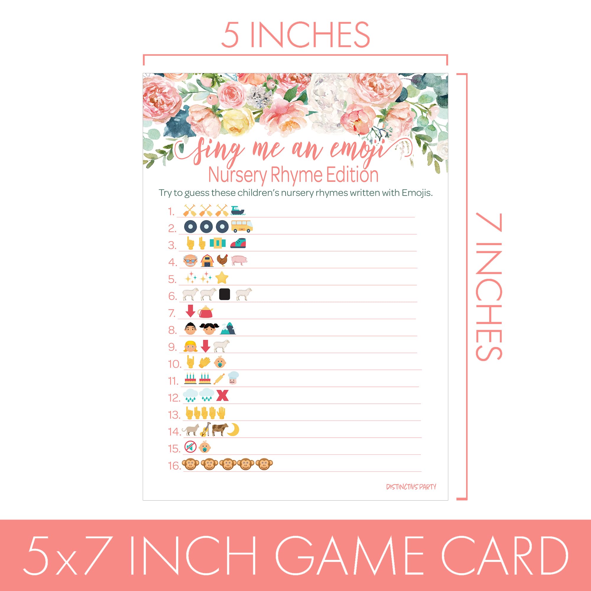 Distinctivs Baby in Bloom Baby Shower Emoji Game - 20 Pink Floral Boho Girl Nursery Rhyme Cards for Gender Reveal & Newborn Celebrations
