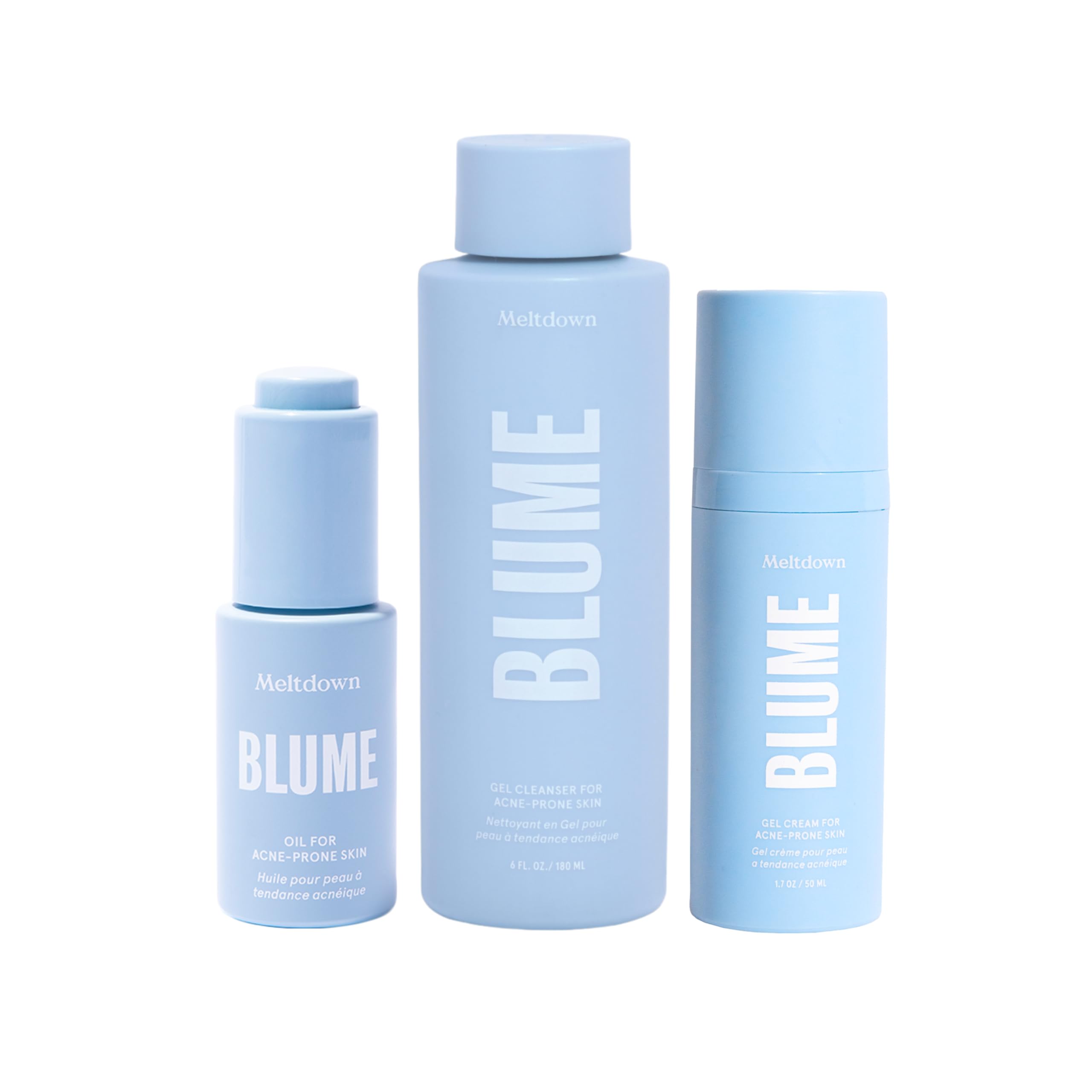 Blume Meltdown Bundle - Soothing Facial Cleanser for Acne-Prone Skin (6 oz), Acne Treatment Face Oil & Pore Minimizer (0.5 oz), Oil-Free Ceramide Gel Cream Moisturizer (1.69 oz) | Skincare Routine for Clear, Hydrated Skin | Morning & Night Use for Teens & Adults