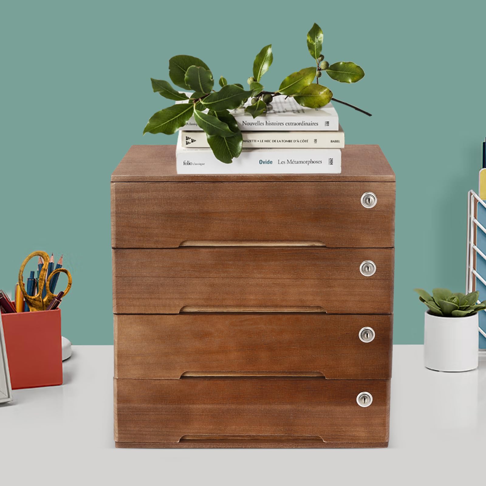 Lockable Wooden Desktop File Cabinet - 15.75 x 11 x 12.2 Inch Office Storage Organizer with Drawers for Documents, Stationery & Art Supplies | Perfect for Home Office, Study Desk, Dresser & Craft Room Organization (Walnut Finish)
