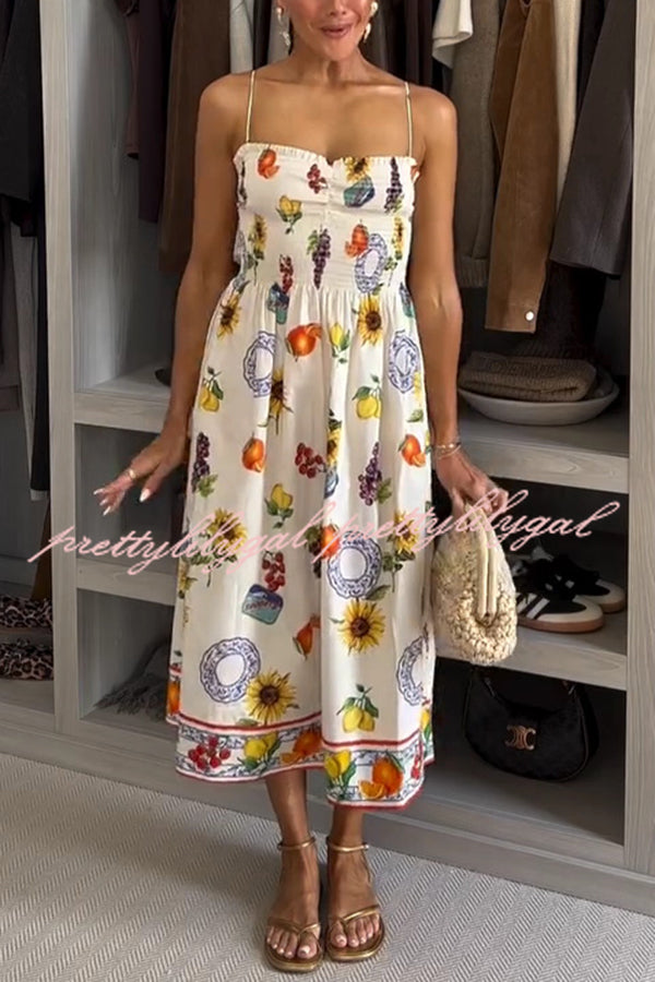Stylish Summer Fruit Print Sling Pleated Midi Dress - Perfect for Vacation, Beach Outings & Casual Daywear