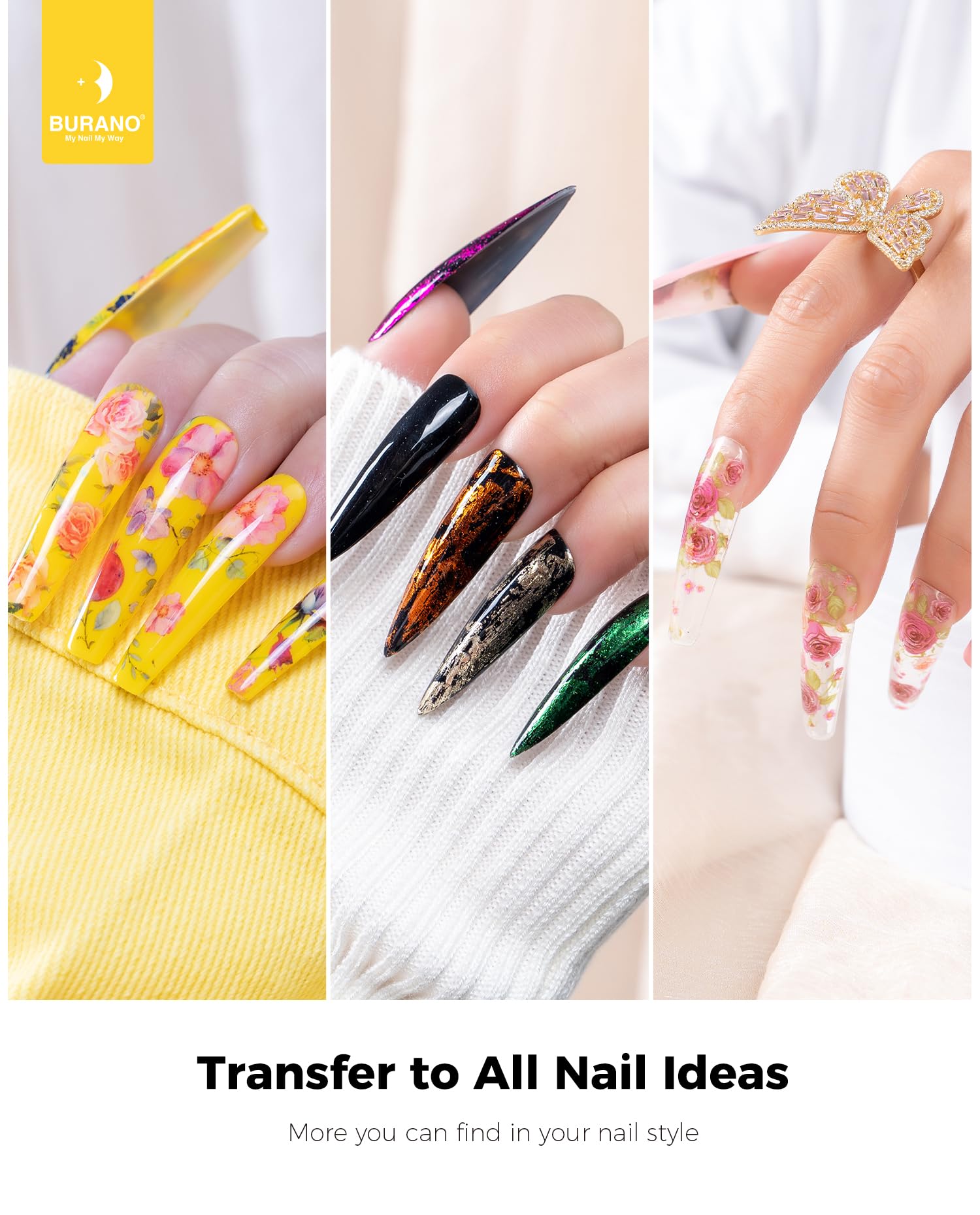 BURANO Nail Art Foil Glue Gel 0.5 oz with 10PCS Foil Stickers Set - Professional Nail Foil Transfer Gel for DIY Nail Designs - Works with UV/LED Lamp (Marble Foil 14) - Perfect for Salon, Home Manicures & Nail Art Enthusiasts