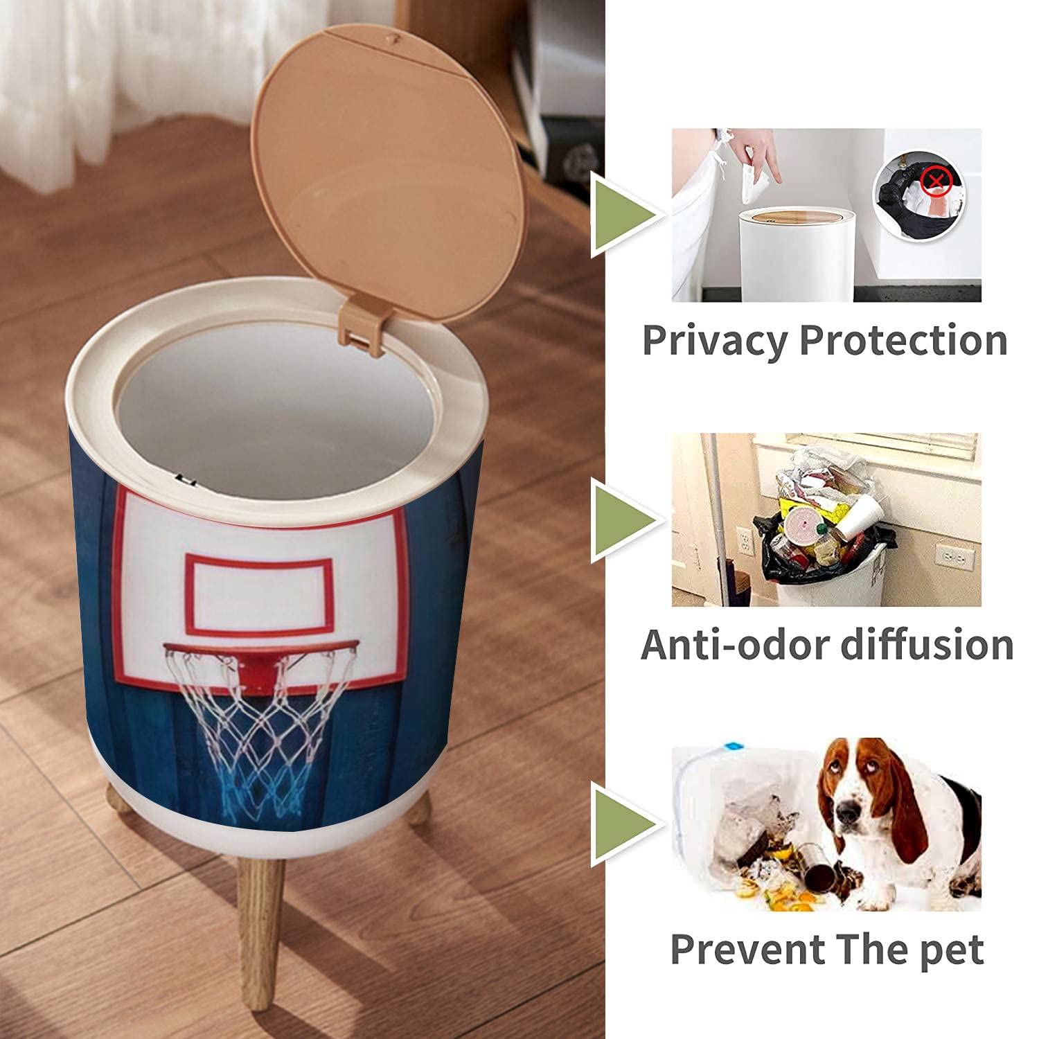 Small Trash Can with Lid - 2 Gallon Bathroom, Kitchen, Office & Outdoor Waste Basket - Dog Proof & Odor Control - Mini Basketball Hoop Design for Bedroom, Nursery & Diaper Disposal - Cute Decorative Garbage Bin for Home & Office Use