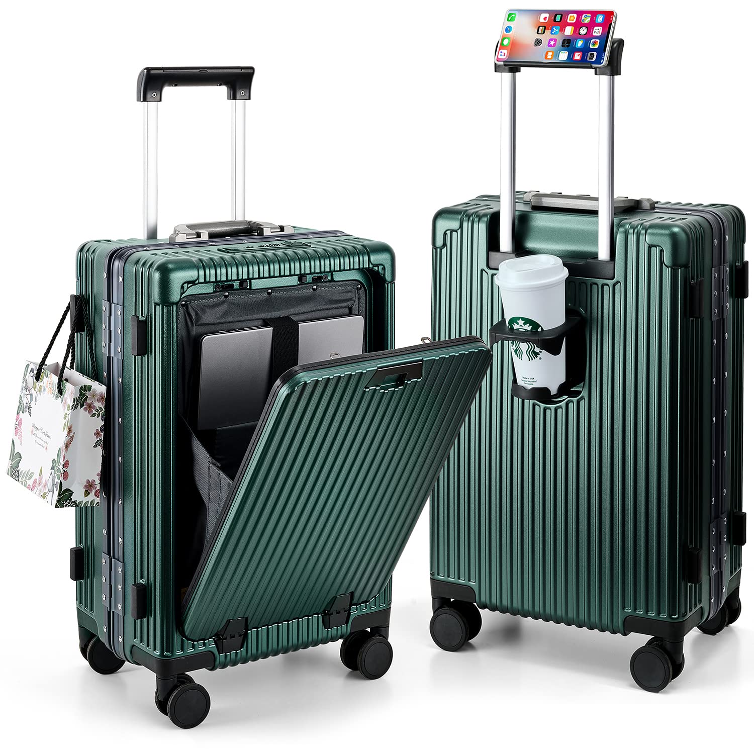 MRPLUM 20 Inch Hardside Spinner Carry On Luggage with TSA Lock, USB Charging Port, Cup Holder & Phone Holder - Dark Green PC Suitcase for Business Travel & Weekend Getaways