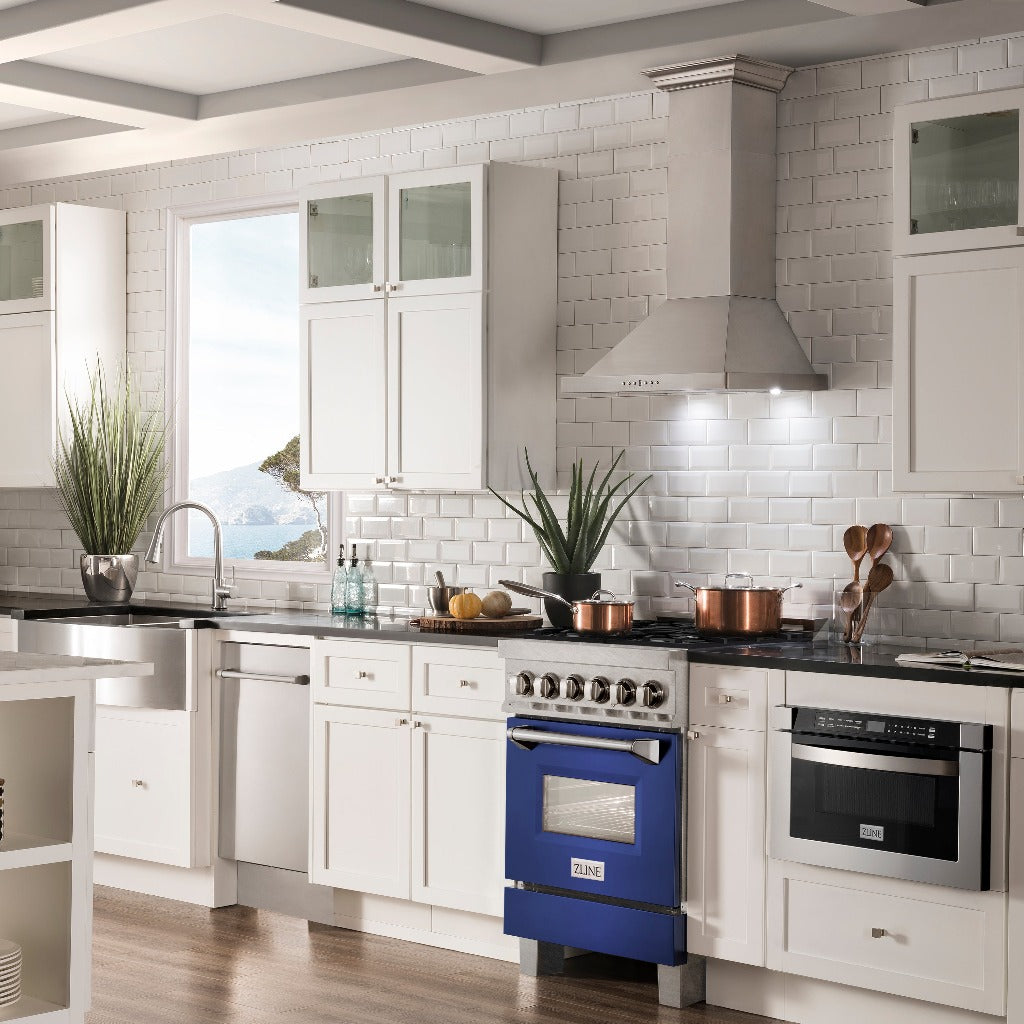 ZLINE 24 Inch 2.8 Cu. Ft. Dual Fuel Range - 4 Burner Gas Cooktop & Electric Convection Oven - Satin Stainless Steel with Blue Matte Door (RAS BM 24) - Perfect for Modern Kitchens & Professional Cooking
