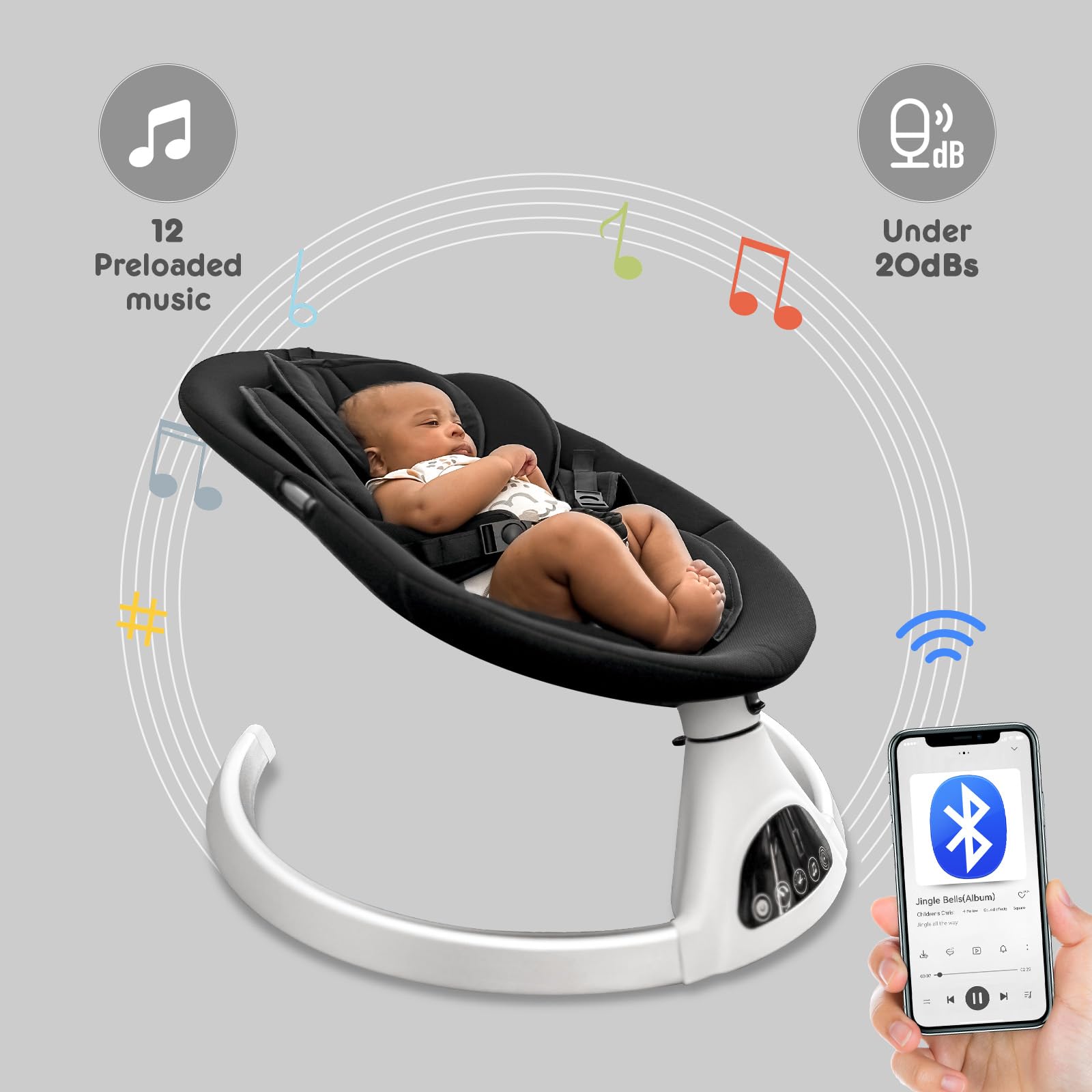 HARPPA Electric Baby Swing for Infants to Toddlers - Portable Baby Swing with 5 Speed Settings, Remote Control, Music Speaker, 12 Lullabies & Bluetooth (Black) - Perfect for Newborn Boys & Girls at Home, Travel, and Nursery