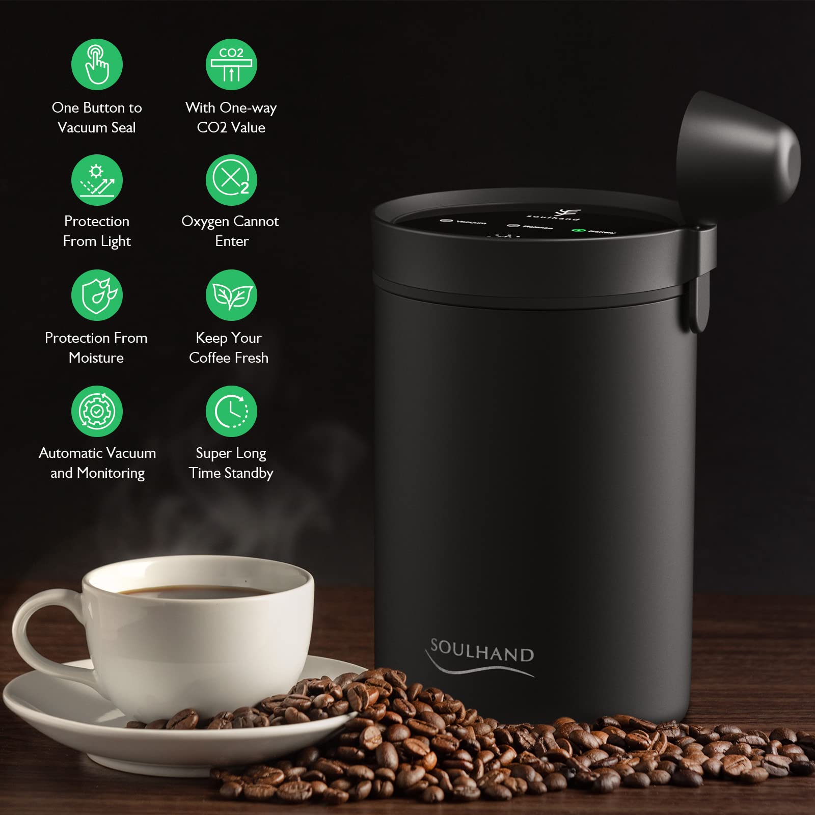 SOUL HAND 1.6L Automatic Vacuum Coffee Canister - Airtight Stainless Steel Coffee Storage Container for Beans & Grounds | Perfect for Kitchen Countertop & Coffee Station Organization