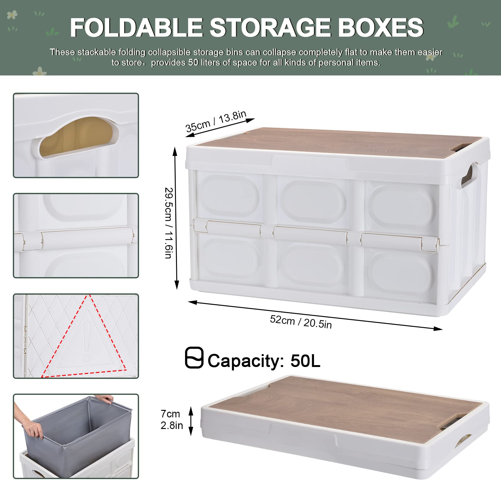 55L Collapsible Storage Bin with Wooden Lid - Waterproof Foldable Organizer for Groceries, Camping, Picnic - Perfect for Home, Car, Outdoor & Travel Storage