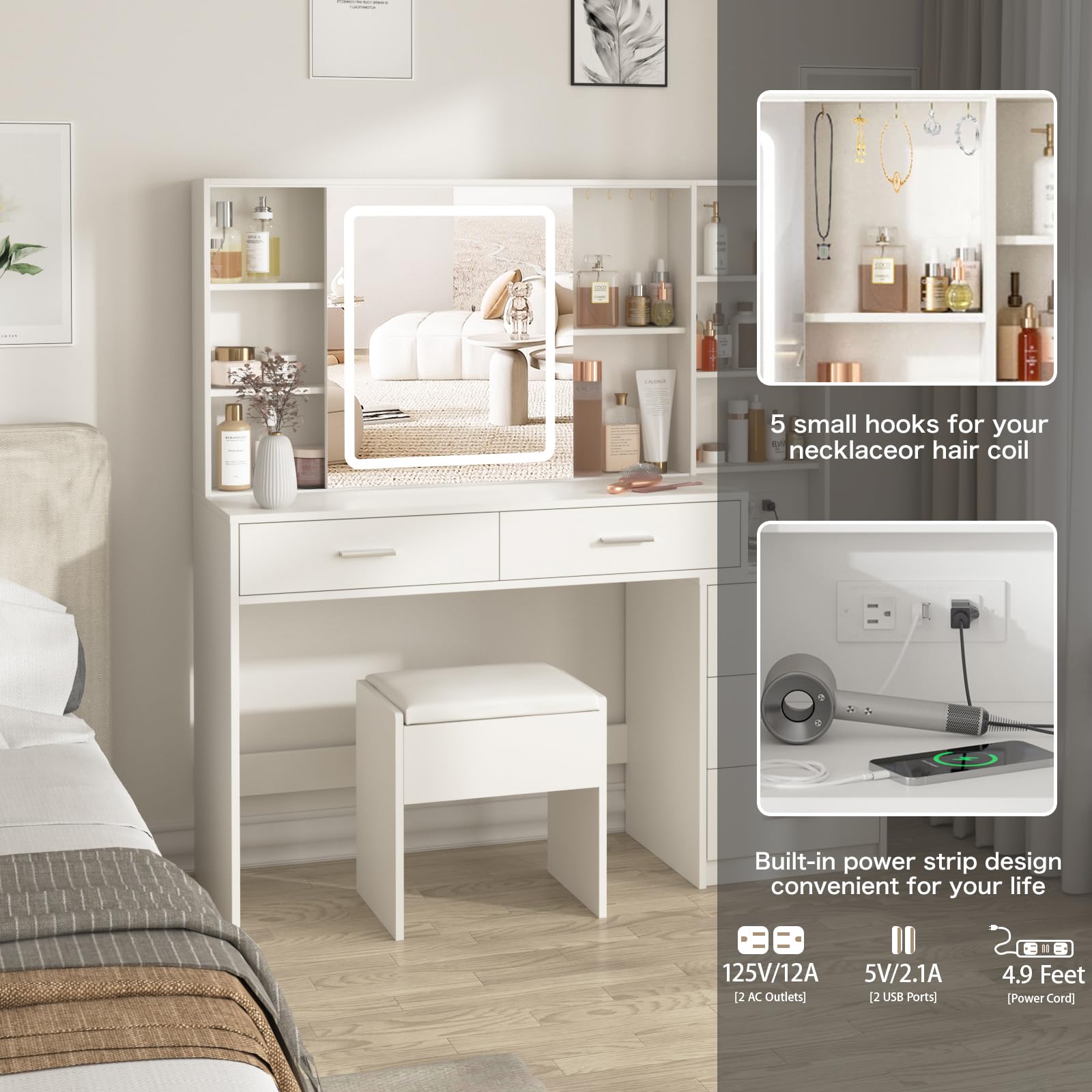 Fameill Makeup Vanity Desk with Sliding Mirror & 3-Color LED Lights, Vanity Table Set with Chair, 5 Drawers & Hooks, USB Charging Station - Perfect for Bedroom, Dressing Room & Home Salon (White)