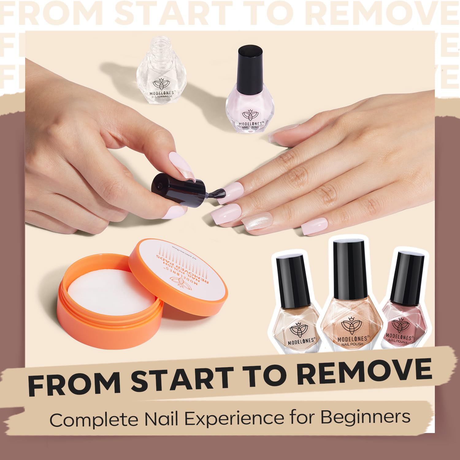 Modelones 3-in-1 Nail Polish Kit with Base Coat, Top Coat & Remover Pads - Champagne Glitter Quick Dry Nail Polish Set for Neutral Skin Tone | Mini Starter Kit for DIY Manicure, Nail Art & Salon Use | Perfect Gift for Women & Girls | Home, Party & Special Occasion Nail Care