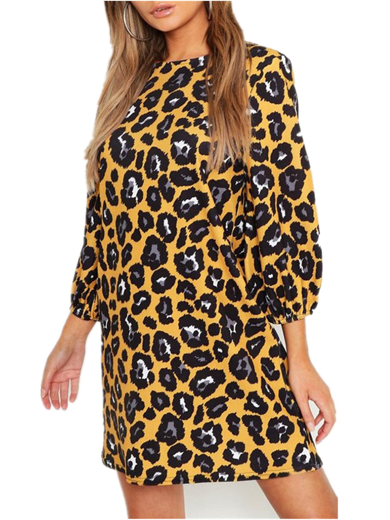 Leopard Print Casual Long Sleeve T-Shirt Dress for Women - Round Neck Flowy Ruffle Hem Simple Elegant Everyday Wear | Perfect for Office, Dating & Weekend Outings