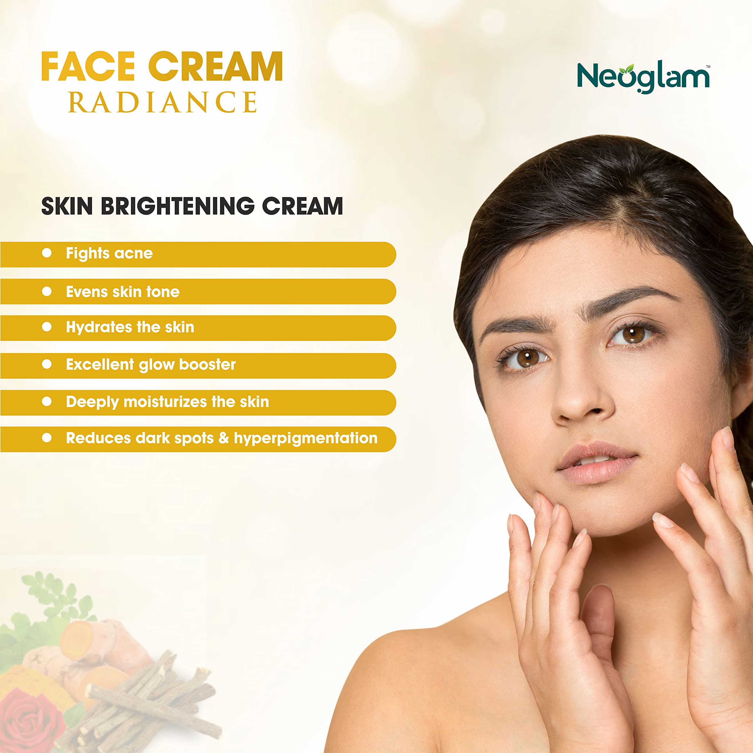 Neoglam Brightening Face Cream with Niacinamide & Hyaluronic Acid - Hydrating, Depigmenting & Acne Treatment (50g) | Turmeric, Licorice, Rose & Moringa Extract | Paraben & Sulfate Free | For Glowing Skin & Dark Spot Reduction | Perfect for Daily Skincare Routine & Nighttime Moisturizing