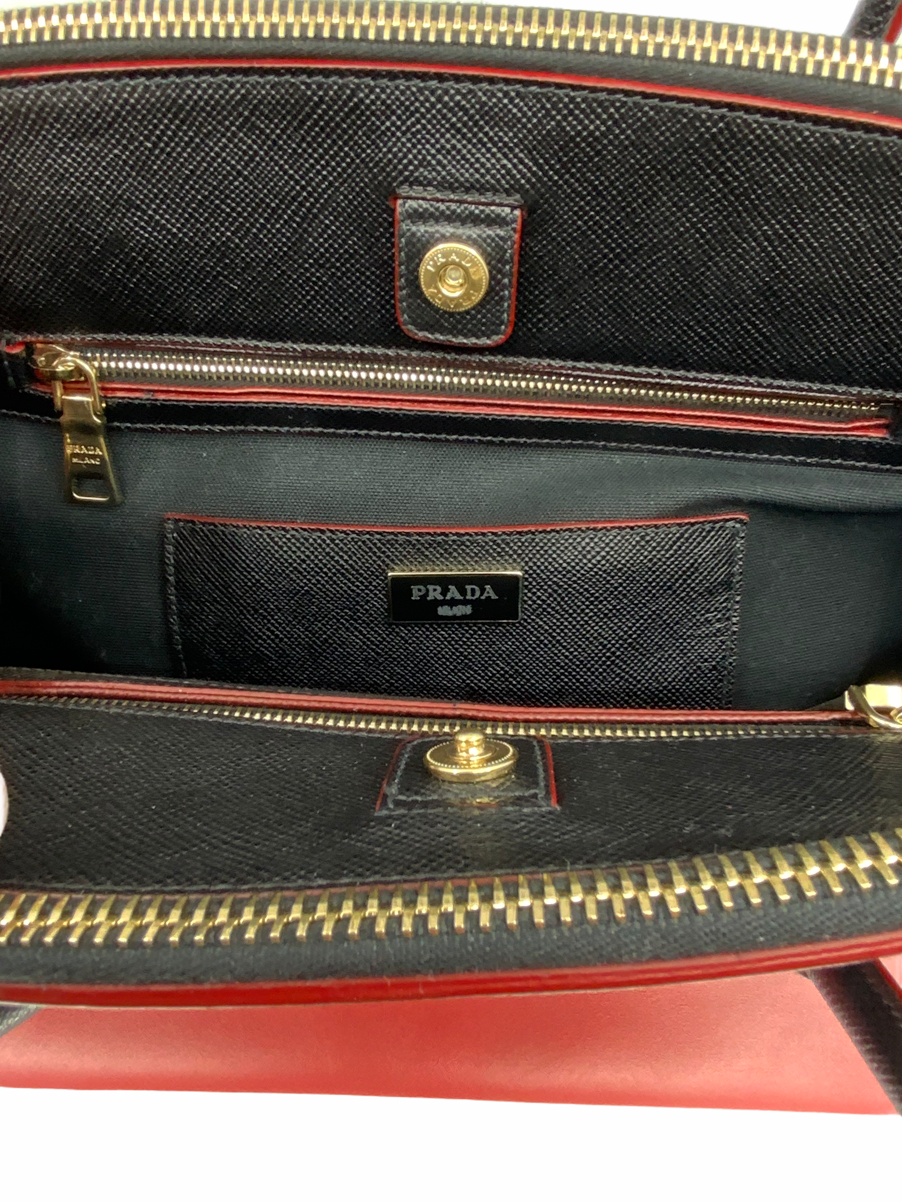 Prada Bi-Color Leather Front Zip Tote Bag with Adjustable Shoulder Strap - Luxury Designer Handbag for Women, Perfect for Work, Travel & Everyday Use