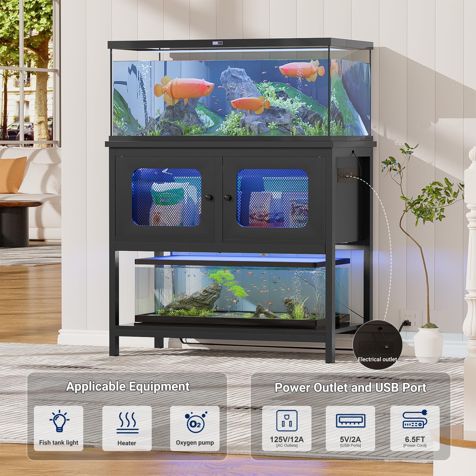 40-50 Gallon Fish Tank Stand with Cabinet Storage - Heavy Duty Metal Aquarium Stand for Reptile Terrarium, 37.5